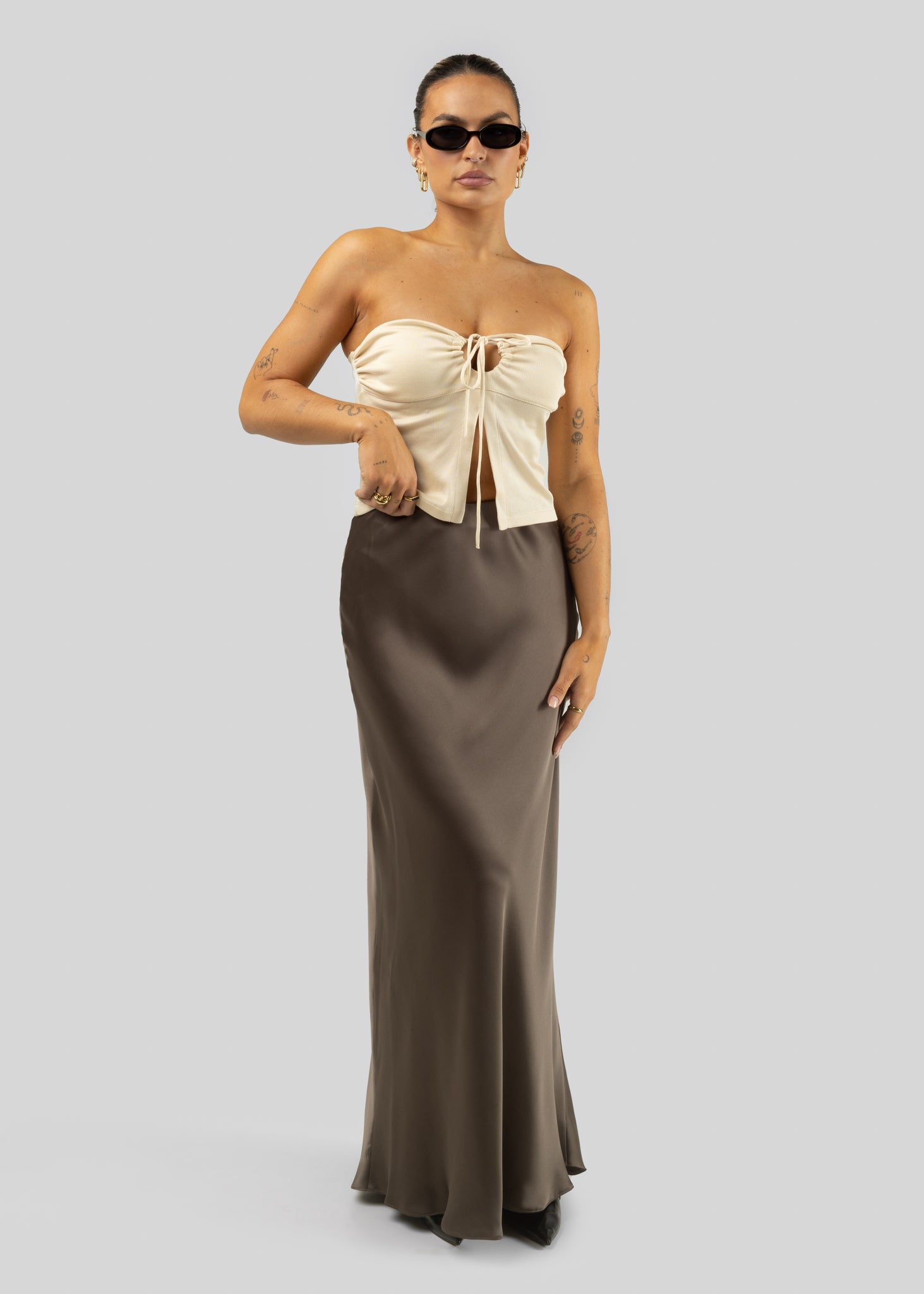 imperf Double Satin Long Skirt Brown 36 River Island satin