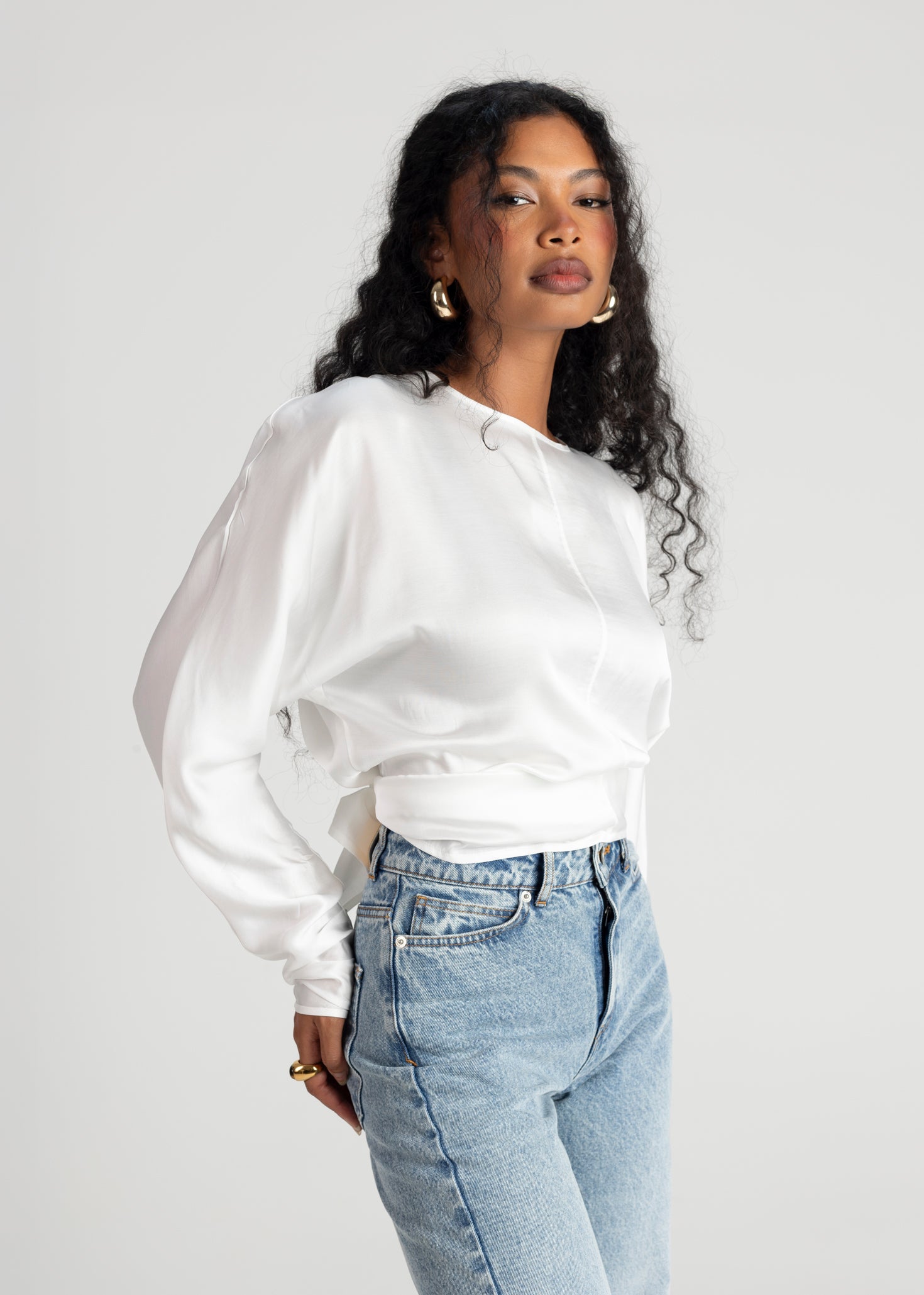 Halo Long Sleeve Satin Blouse - White