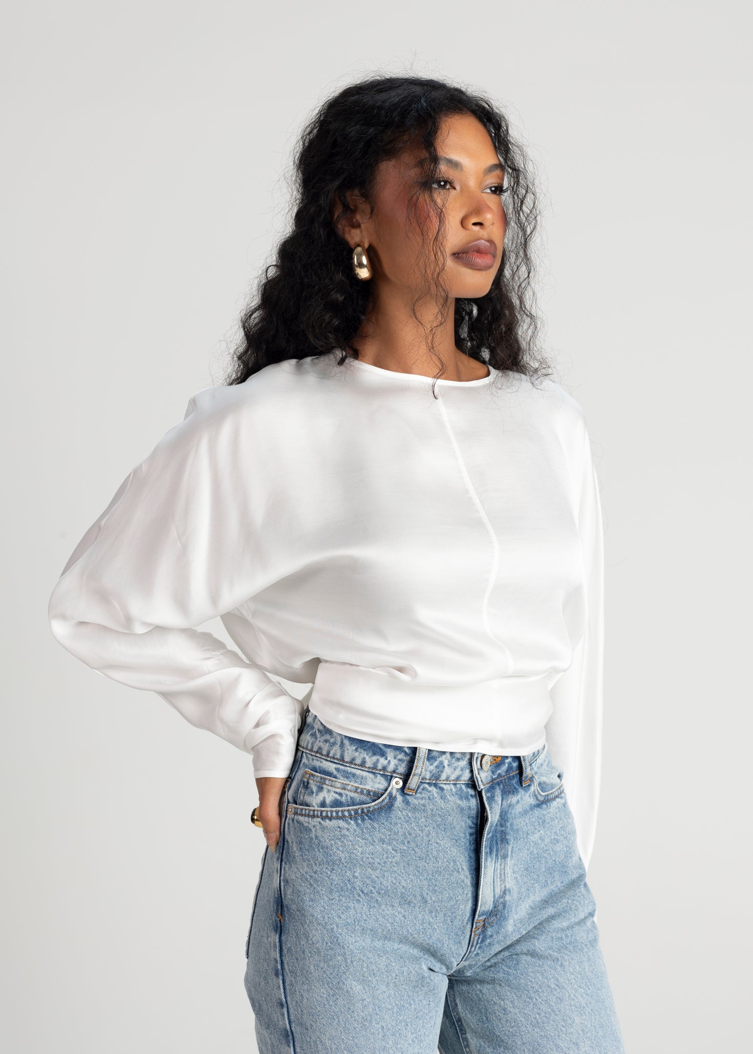 Halo Long Sleeve Satin Blouse - White