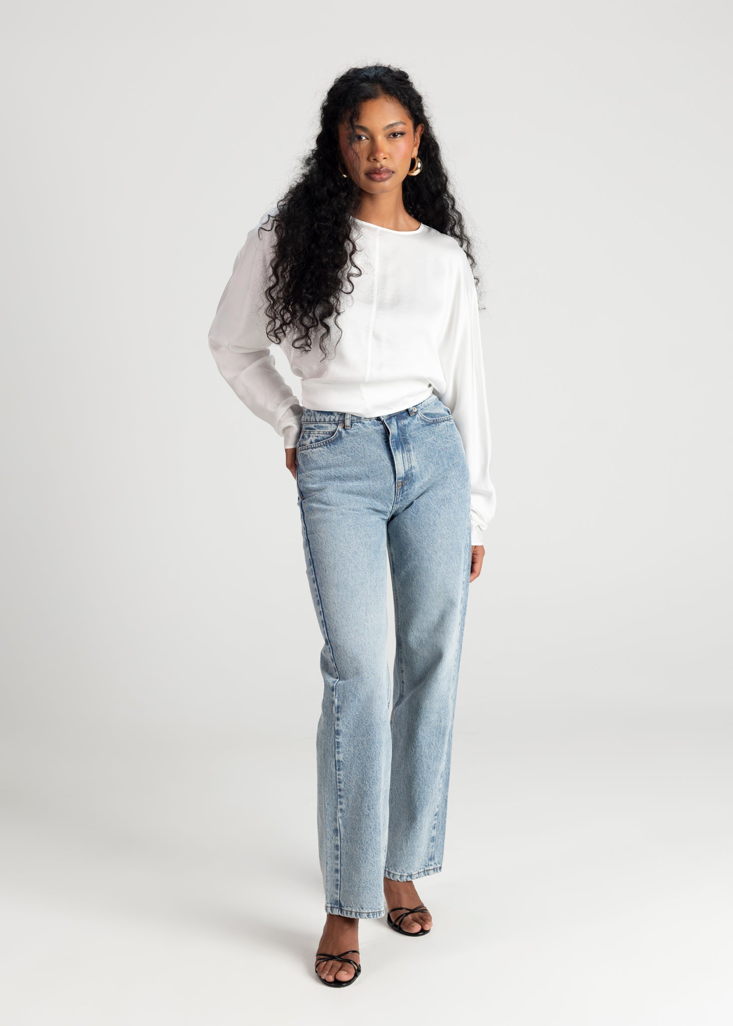 Halo Long Sleeve Satin Blouse - White