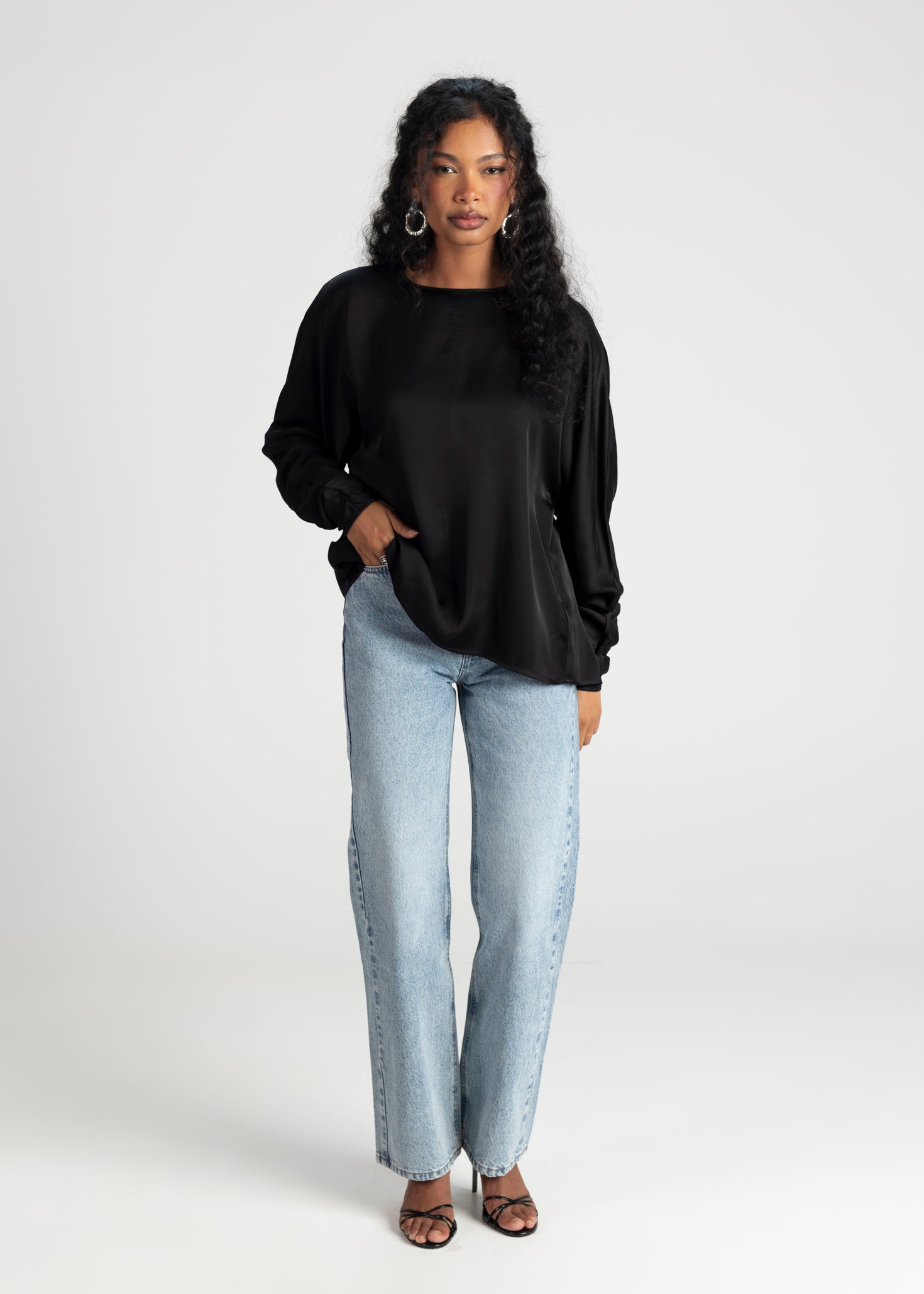 Halo Long Sleeve Satin Blouse - Black