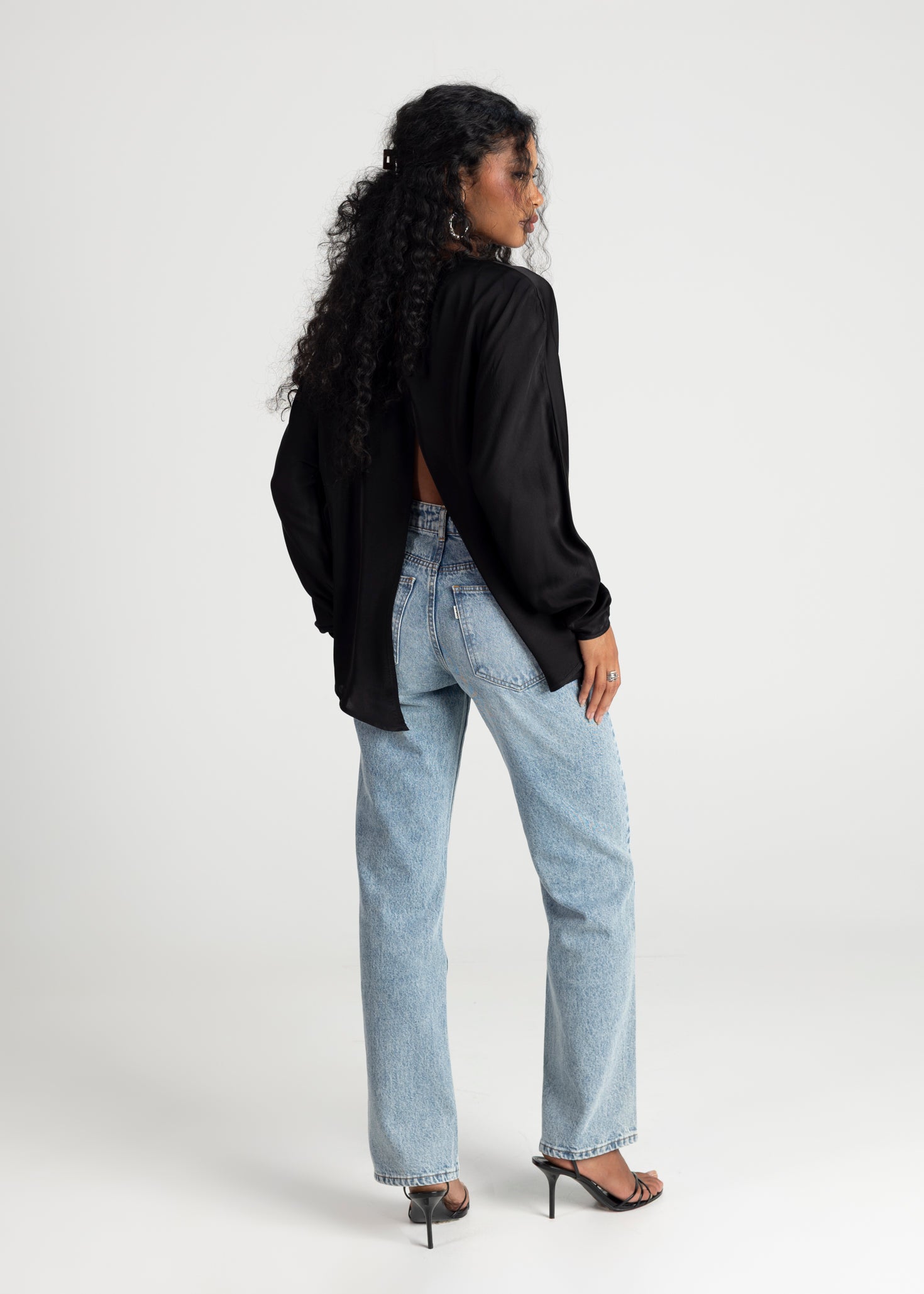 Halo Long Sleeve Satin Blouse - Black