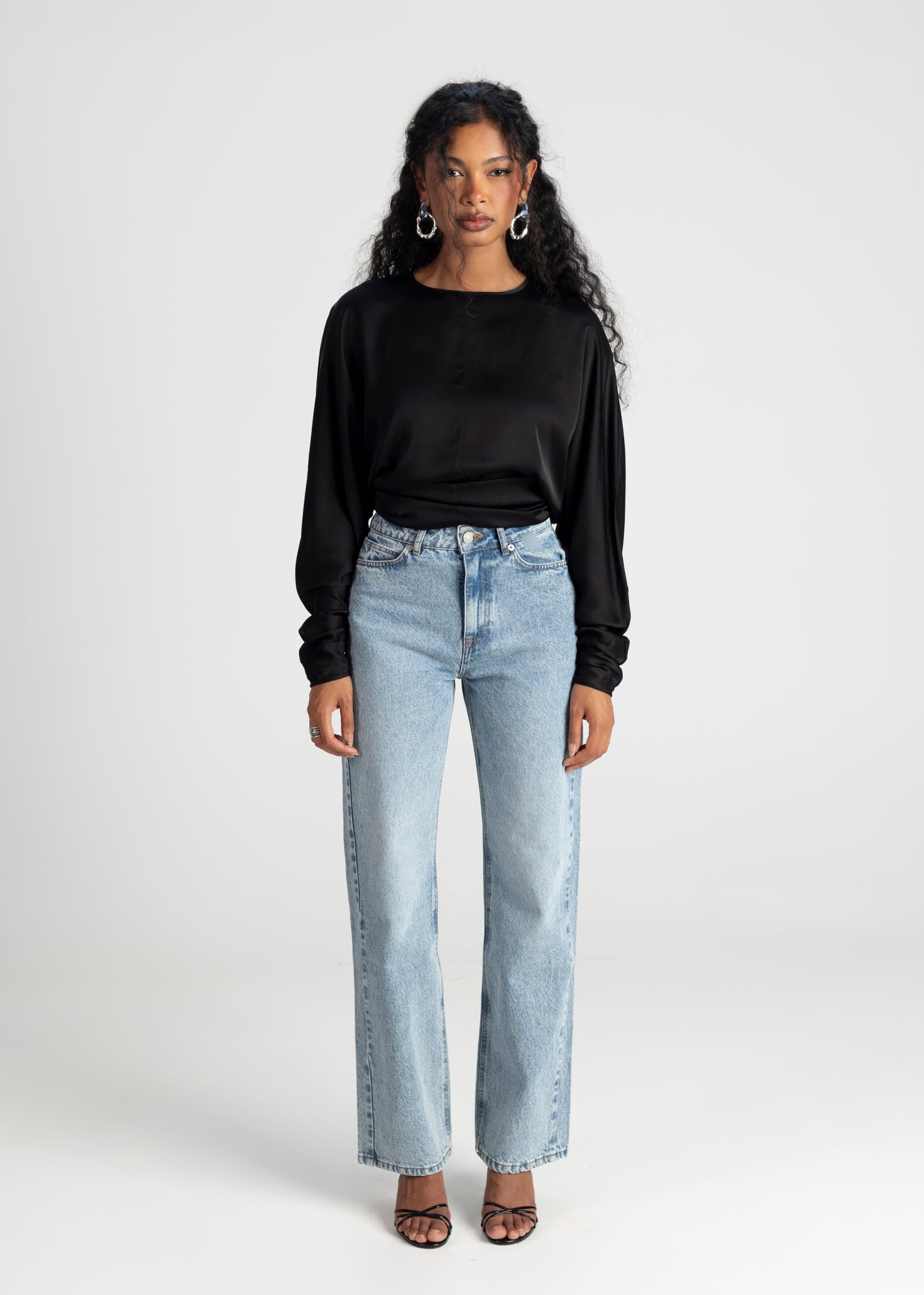 Halo Long Sleeve Satin Blouse - Black