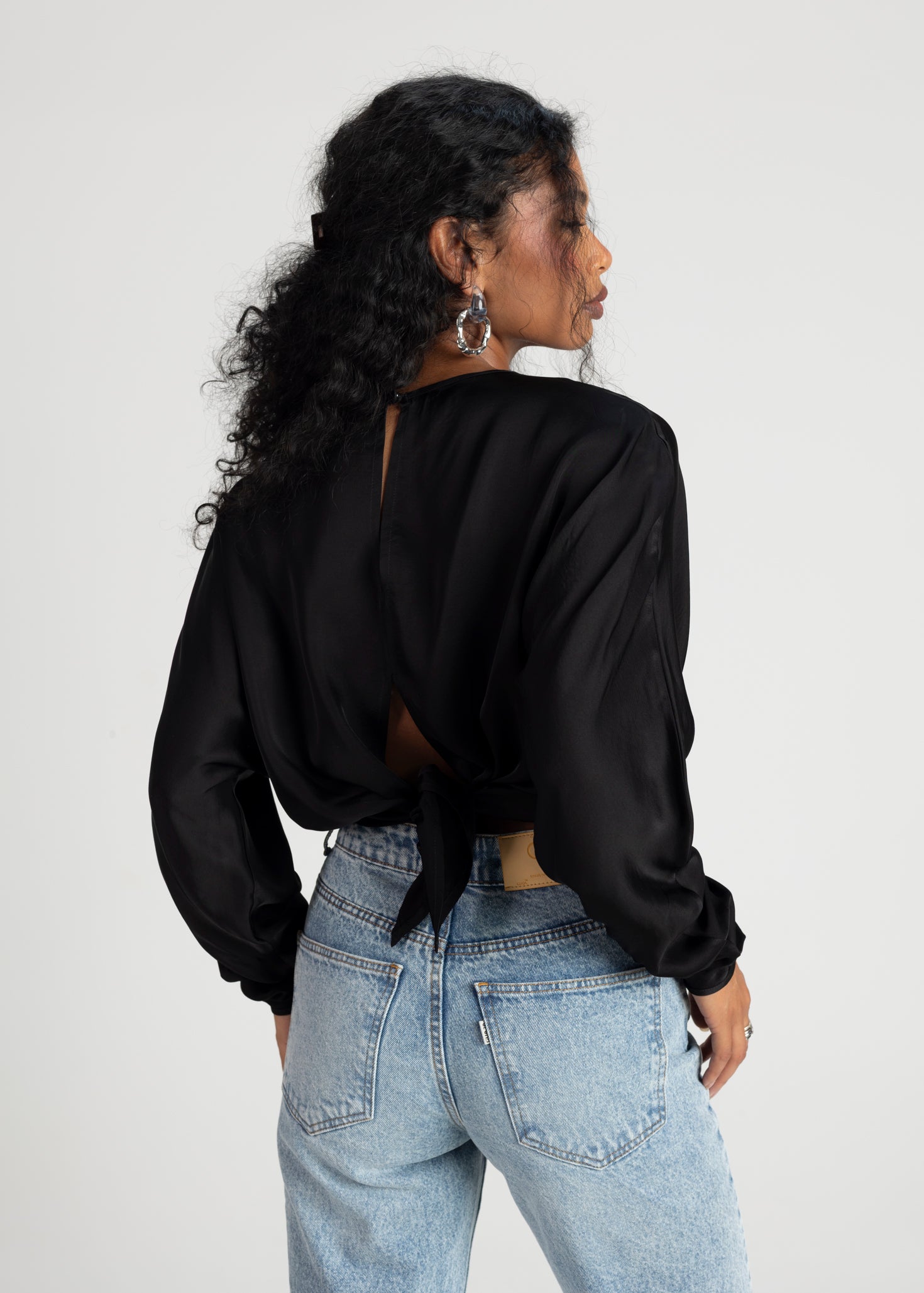 Halo Long Sleeve Satin Blouse - Black