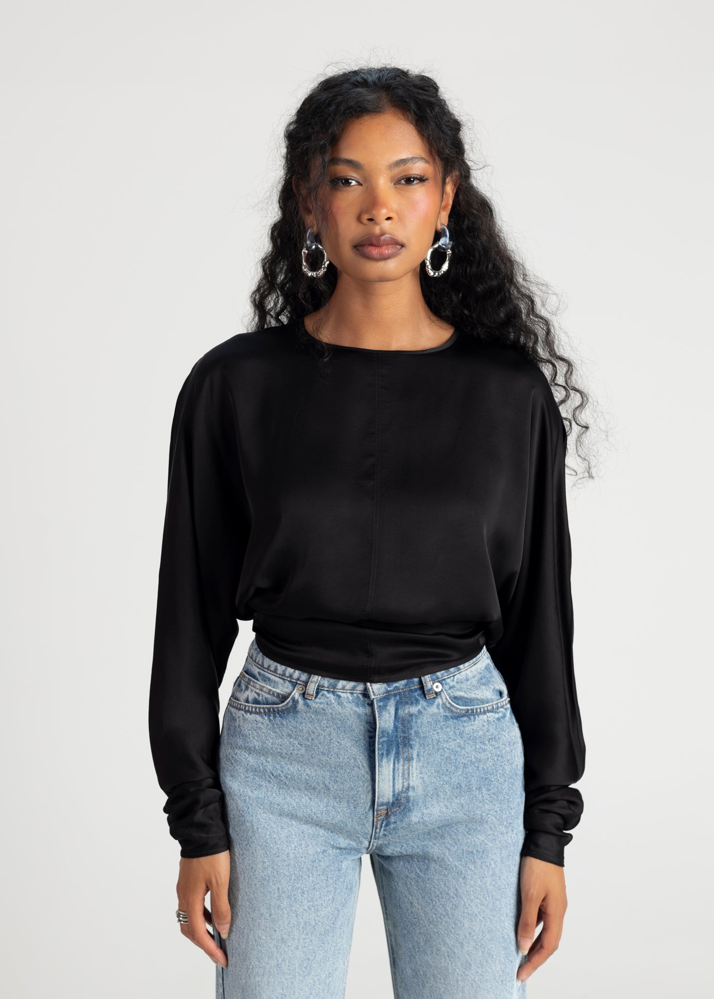 YILON イロン BIJOU OFFSHOULDER BLOUSE BLACK Halo Long Sleeve Satin Blouse - Black