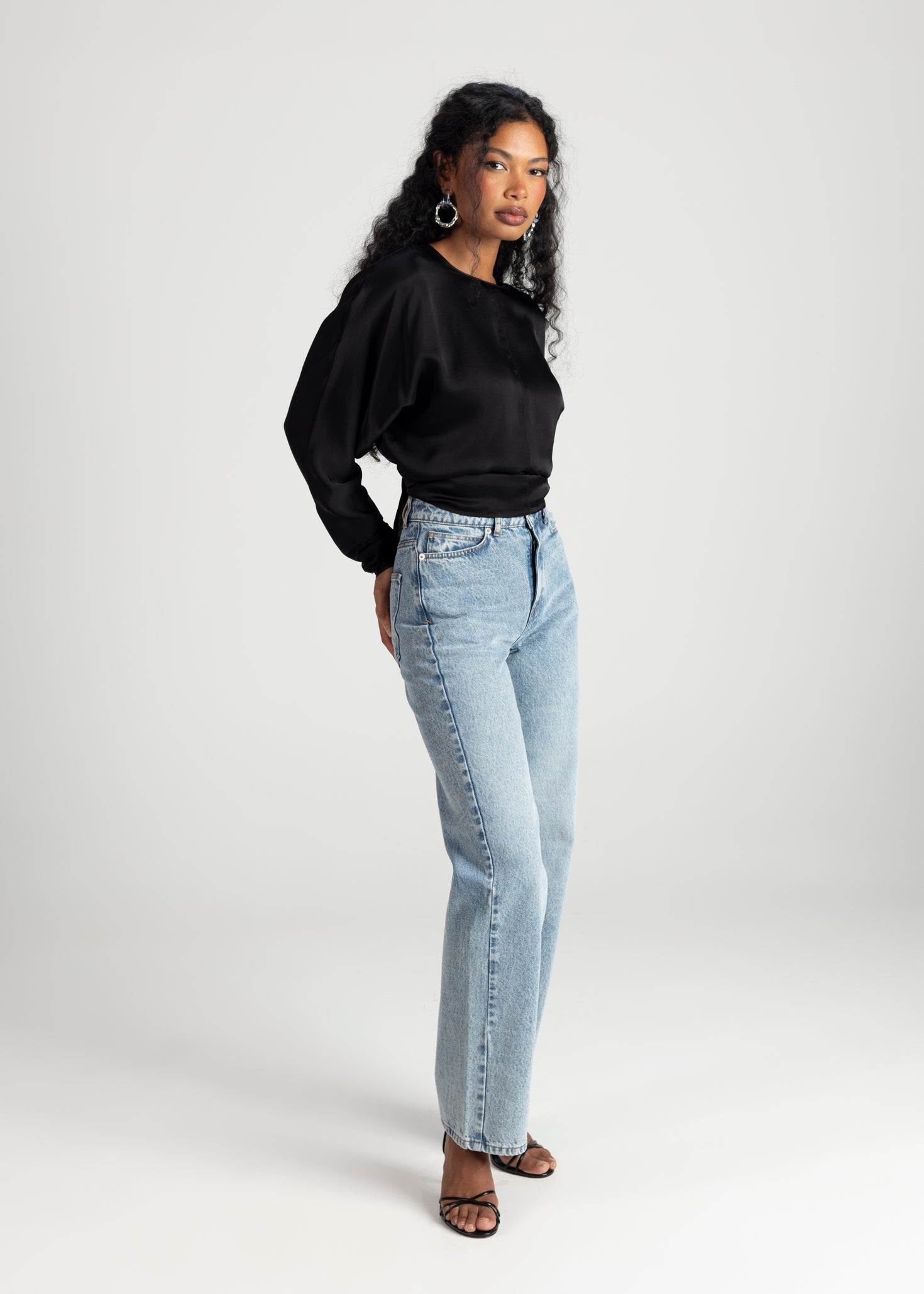 Halo Long Sleeve Satin Blouse - Black