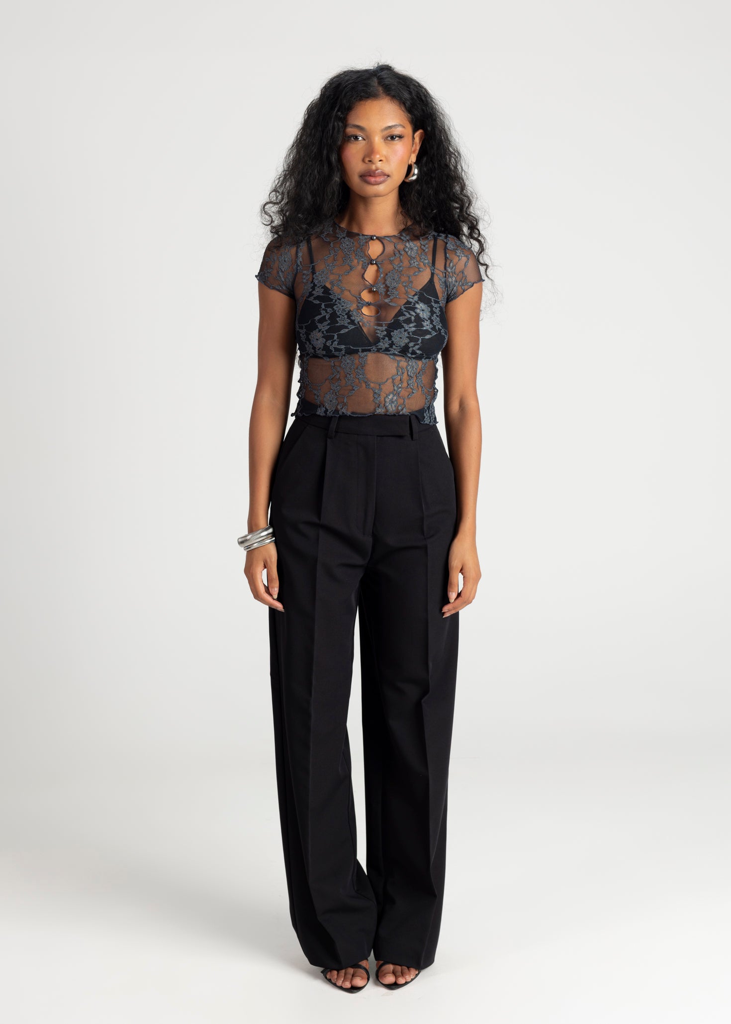 Scarlett Lace Sheer T-shirt - Steel Blue