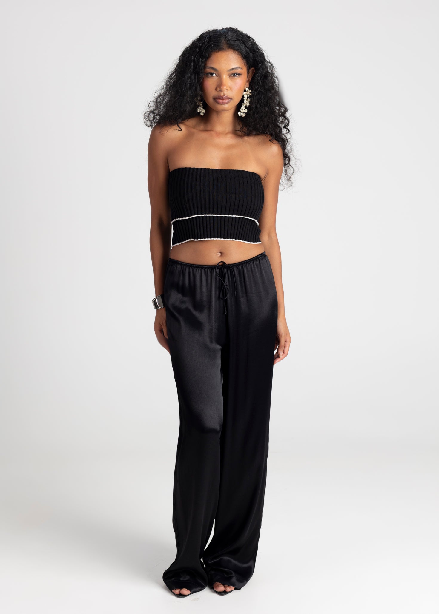 Giulia Loose Satin Pants - Black