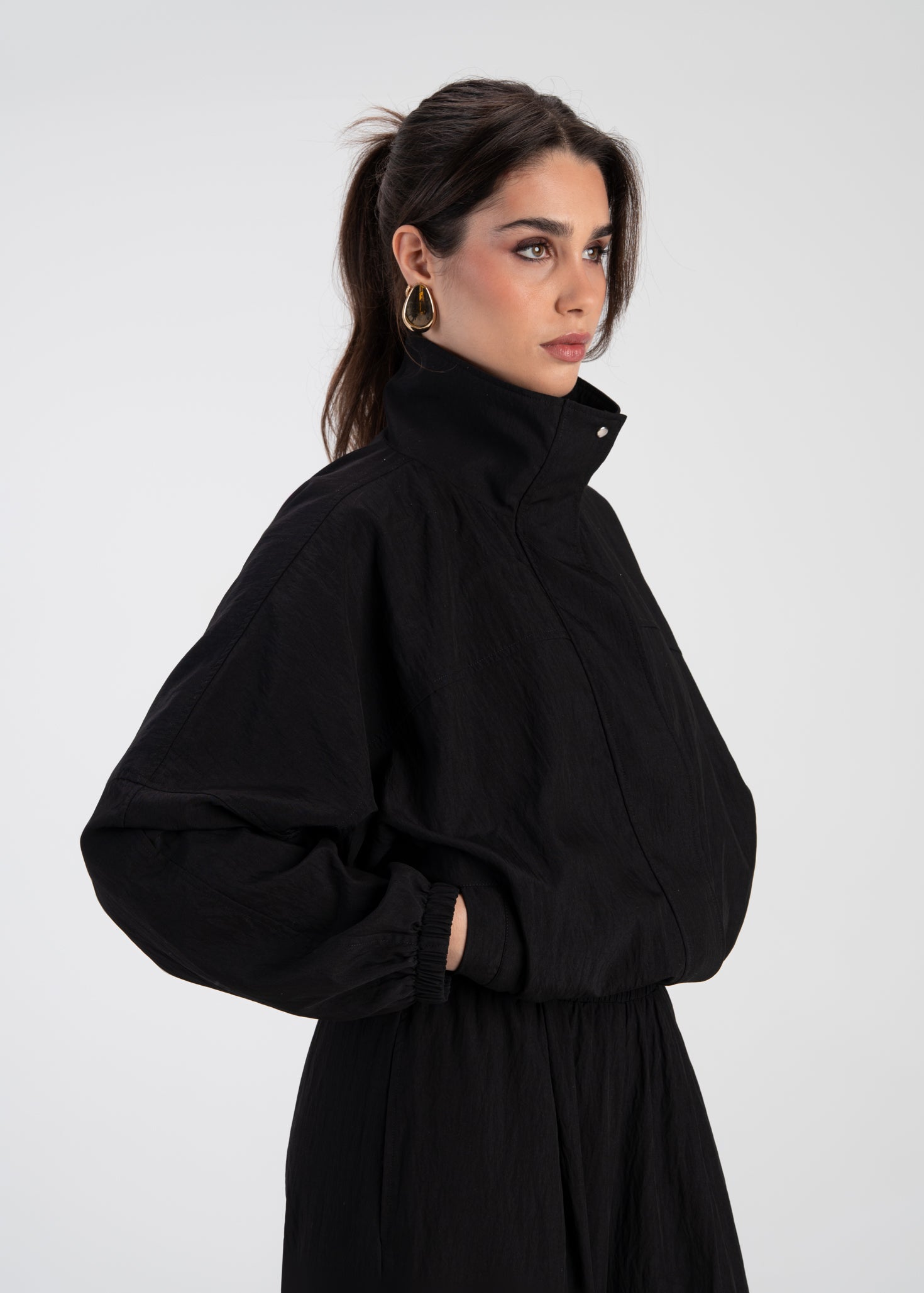 Carter High Neck Windbreaker Jacket – Black