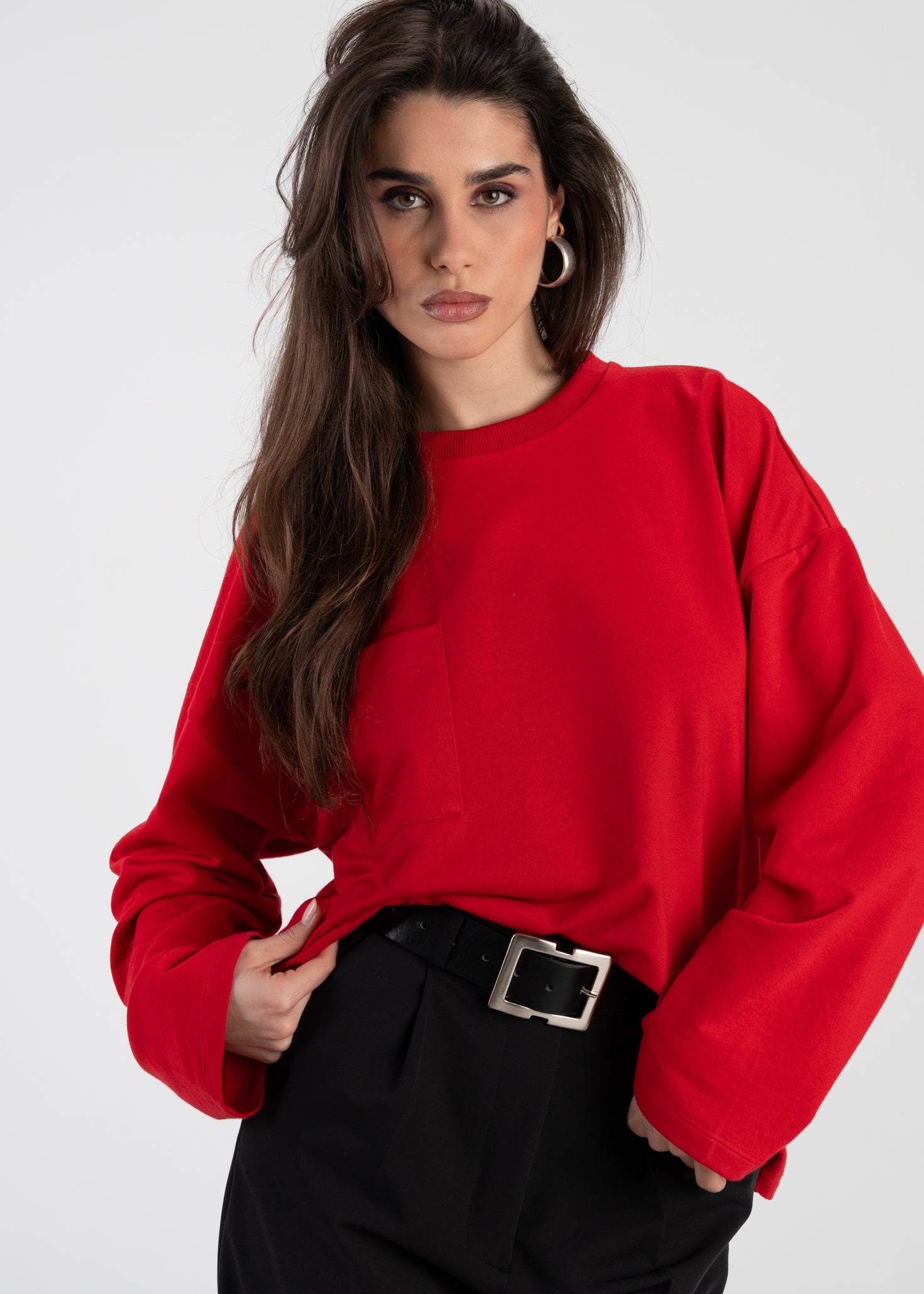 Brady Oversized Long Sleeve Top - Red