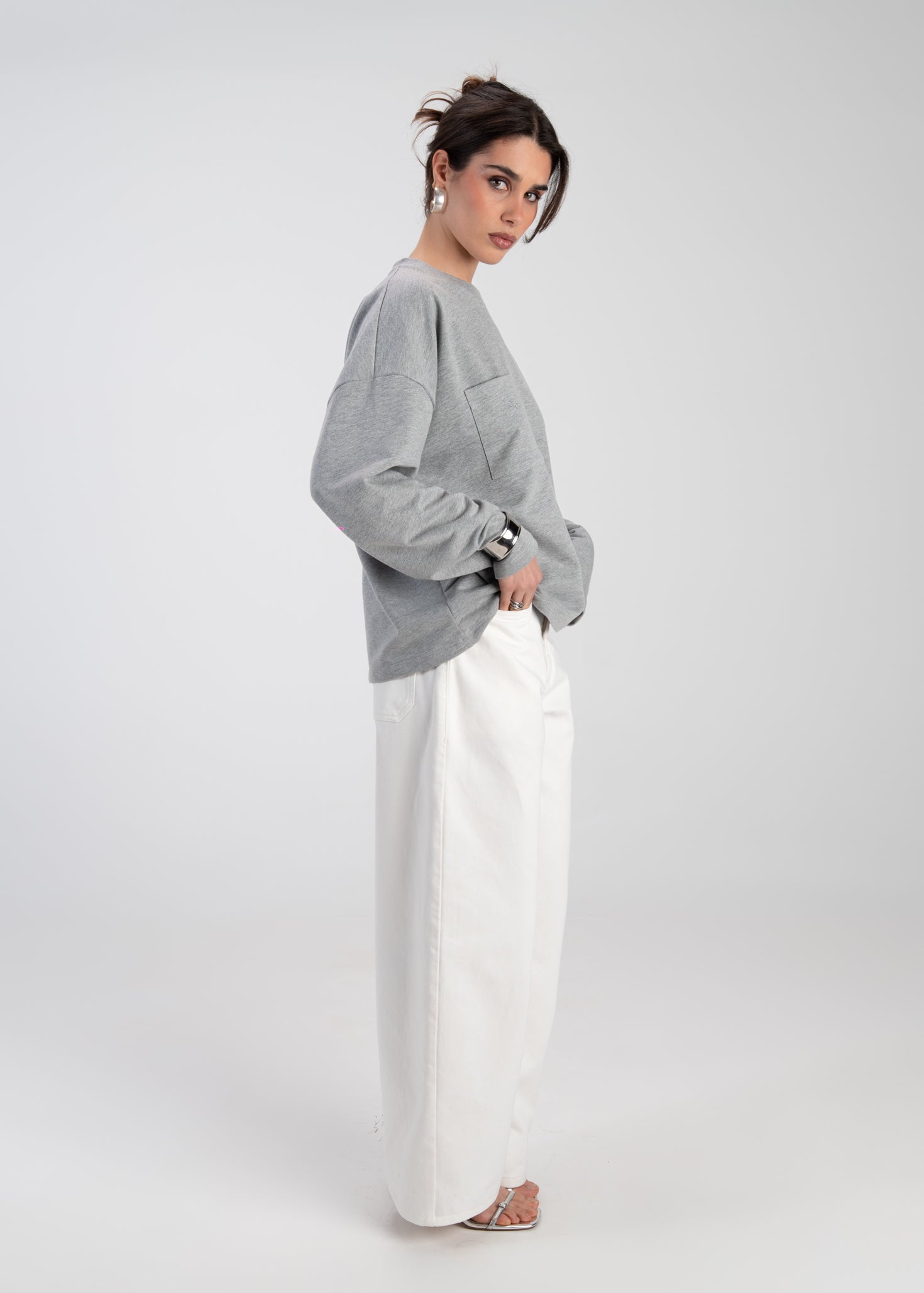 Brady Oversized Long Sleeve Top - Grey
