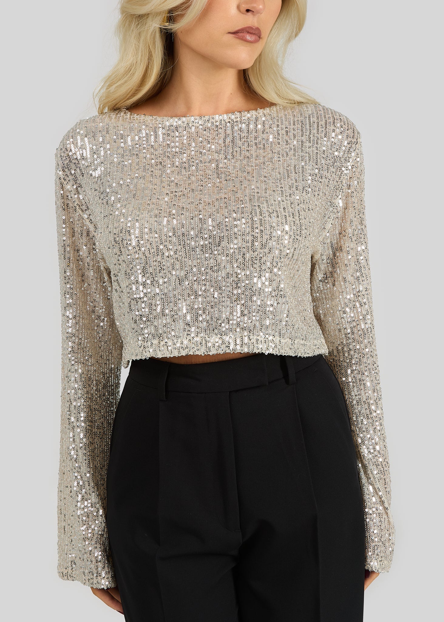 Rue Sequin Cropped Long Sleeve - Champagne