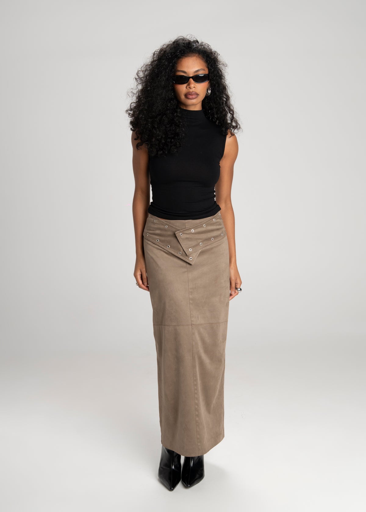 Mora Faux Suede Maxi Skirt with Belt - Taupe
