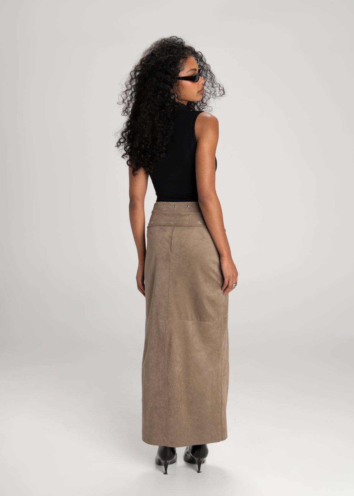 Mora Faux Suede Maxi Skirt with Belt - Taupe