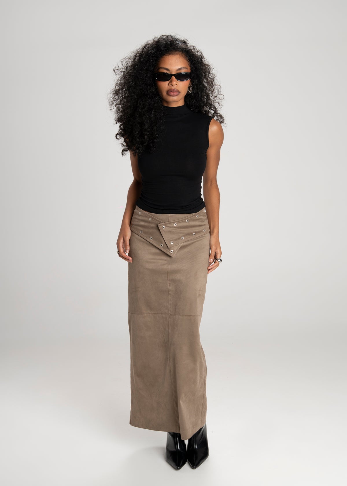 Mora Faux Suede Maxi Skirt with Belt - Taupe