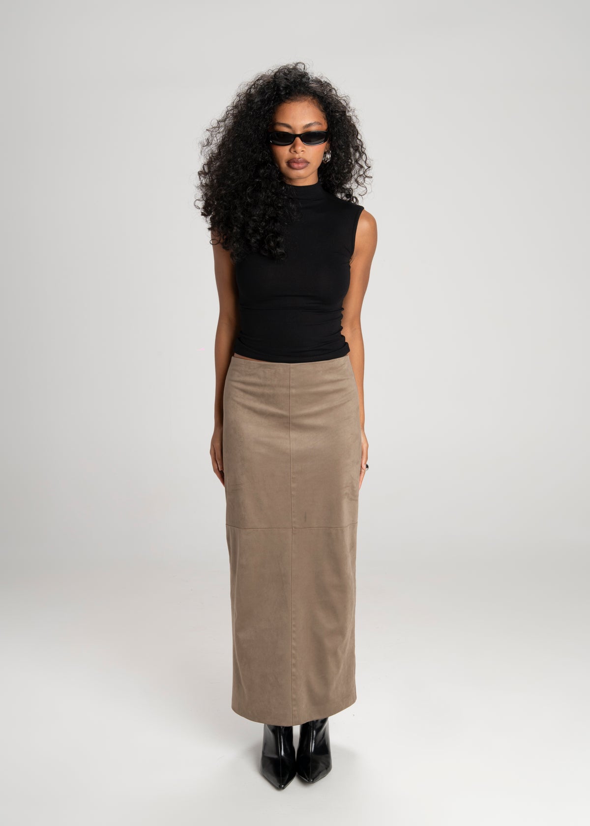 Mora Faux Suede Maxi Skirt with Belt - Taupe