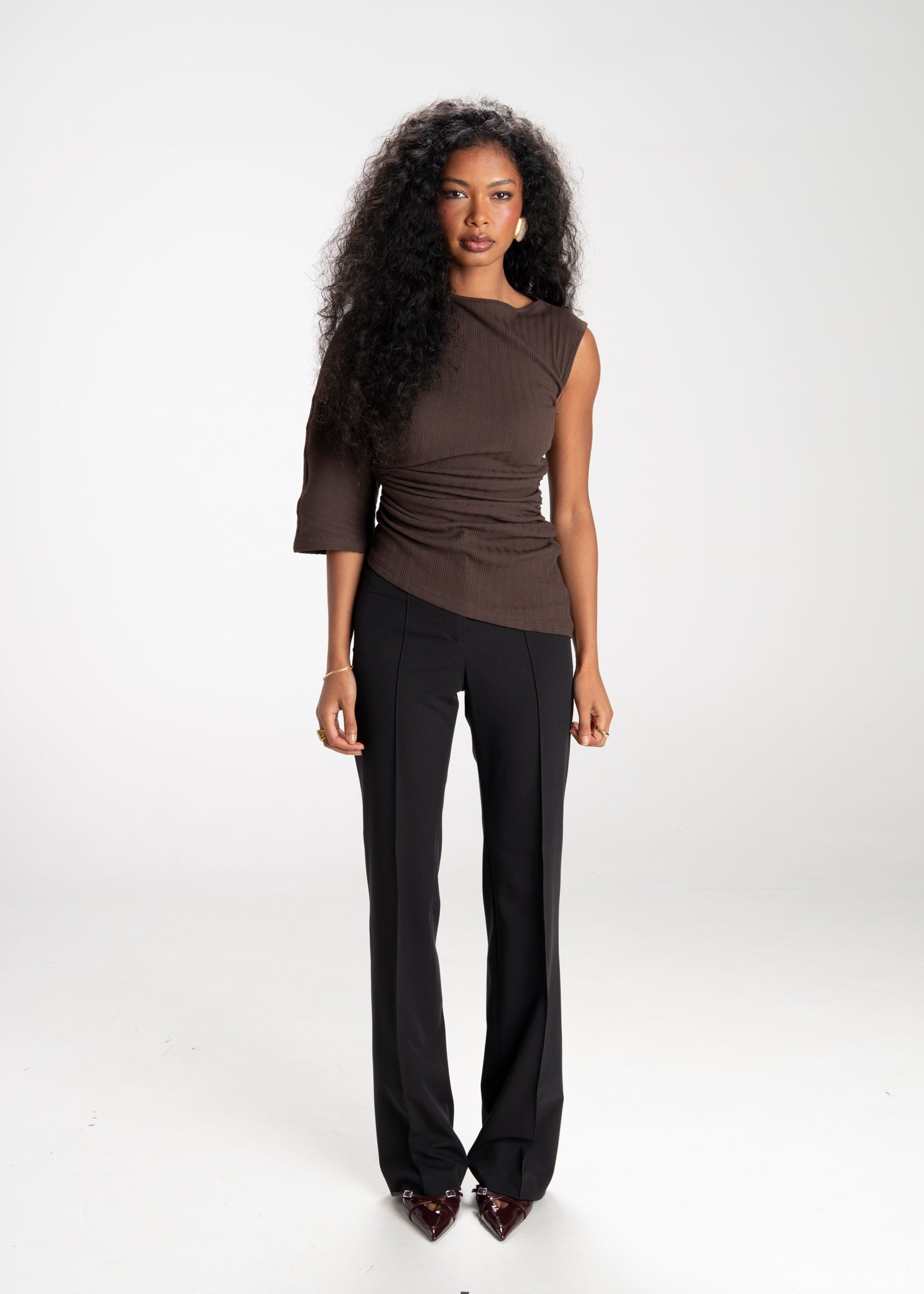 Espresso One Sleeve Asymmetric Top