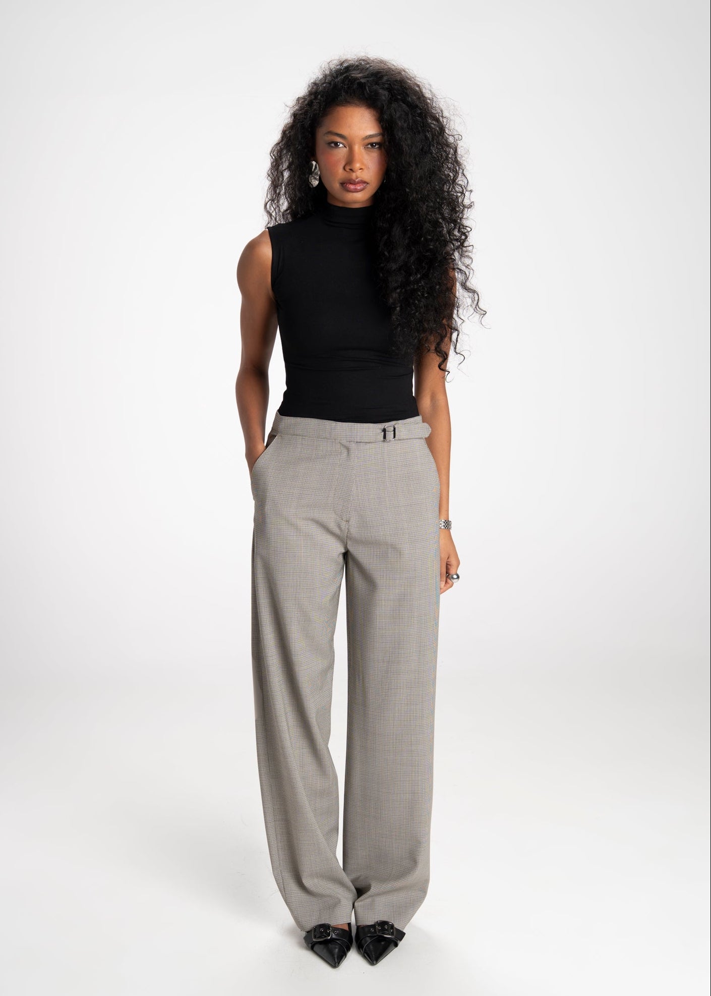Rush Mid-Waist Checked Wool Tailored Trousers