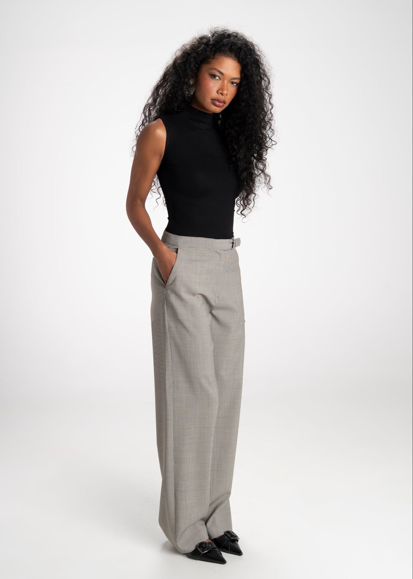 Rush Mid-Waist Checked Wool Tailored Trousers