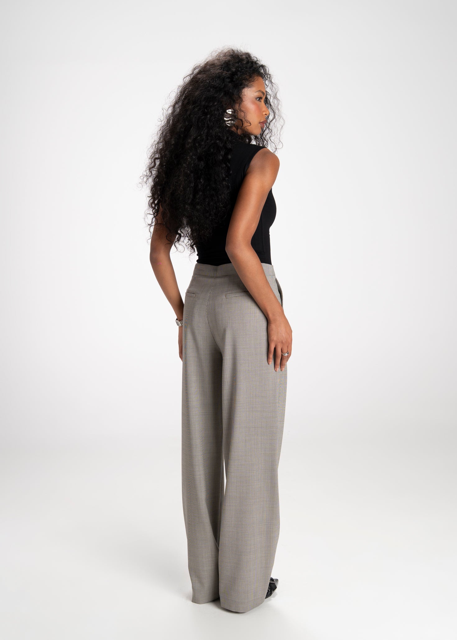 Rush Mid-Waist Checked Wool Tailored Trousers