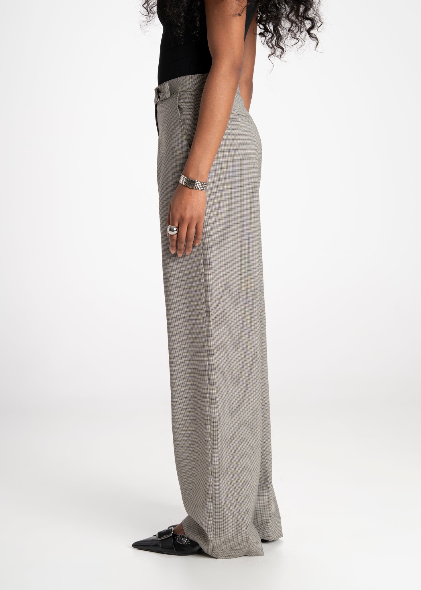 Rush Mid-Waist Checked Wool Tailored Trousers
