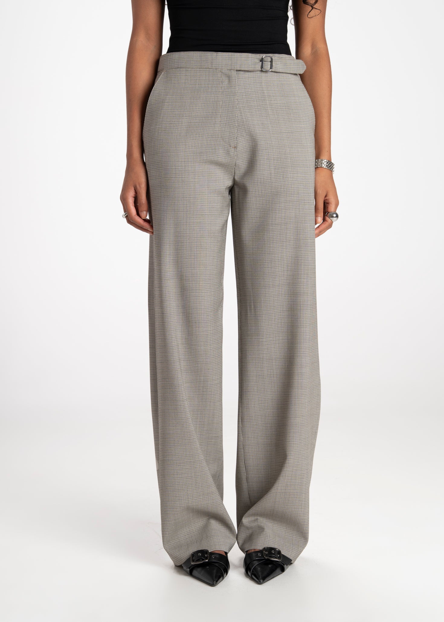Rush Mid-Waist Checked Wool Tailored Trousers