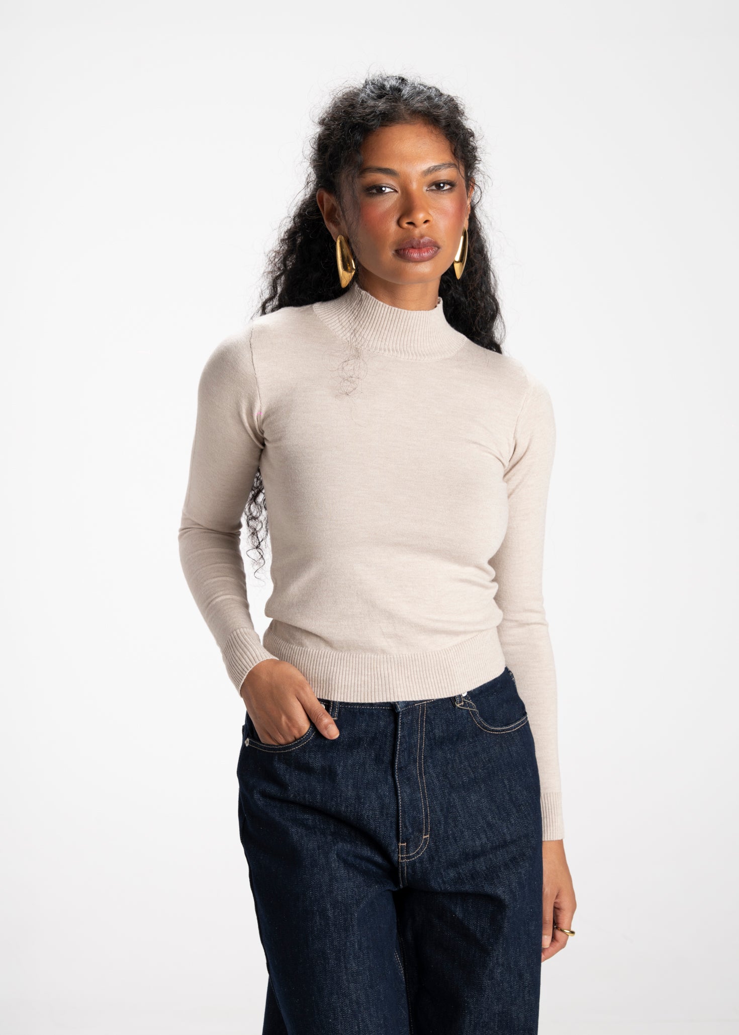 2nd Skin Knitted Mid-Neck Sweater - Beige