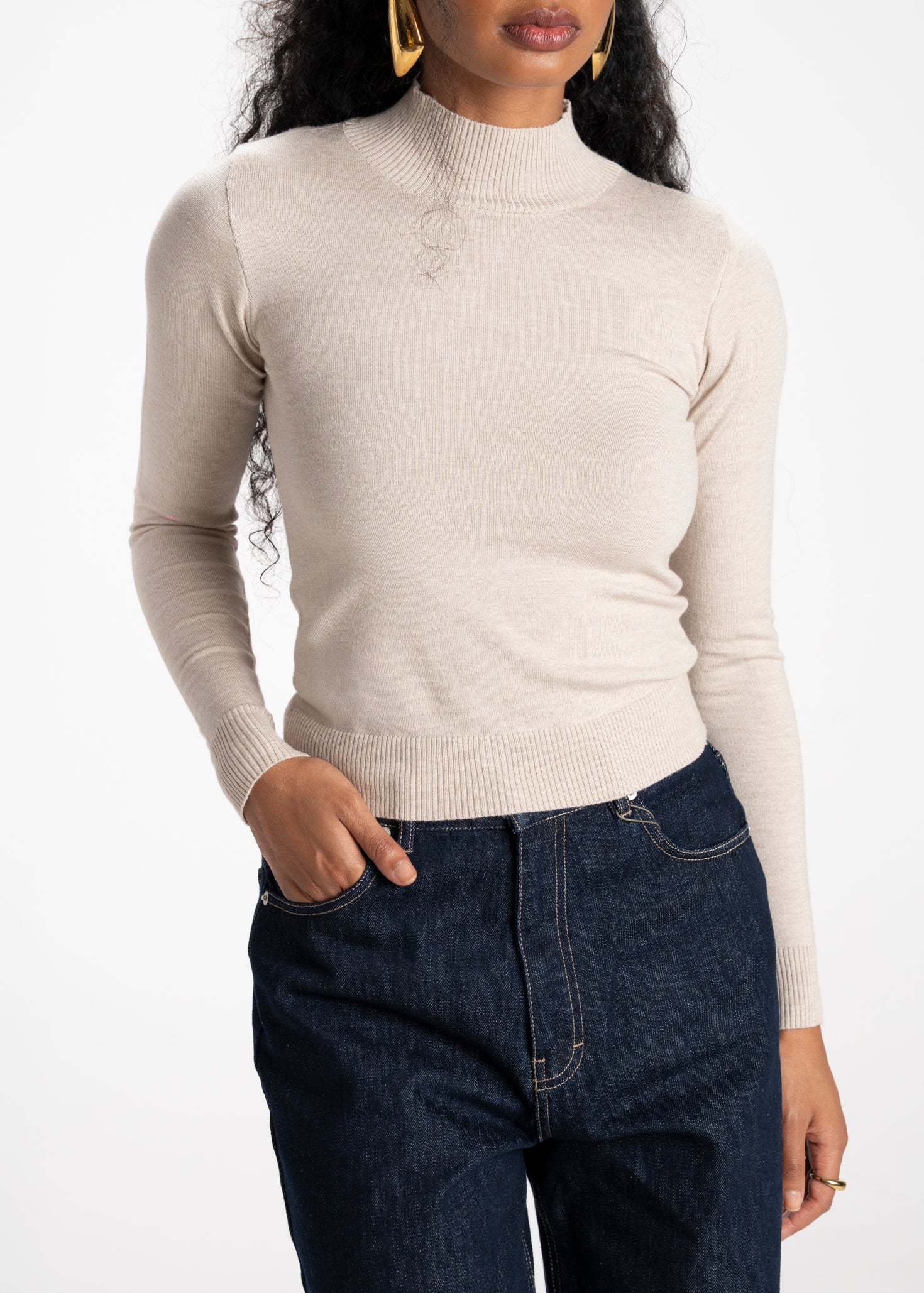 2nd Skin Knitted Mid-Neck Sweater - Beige