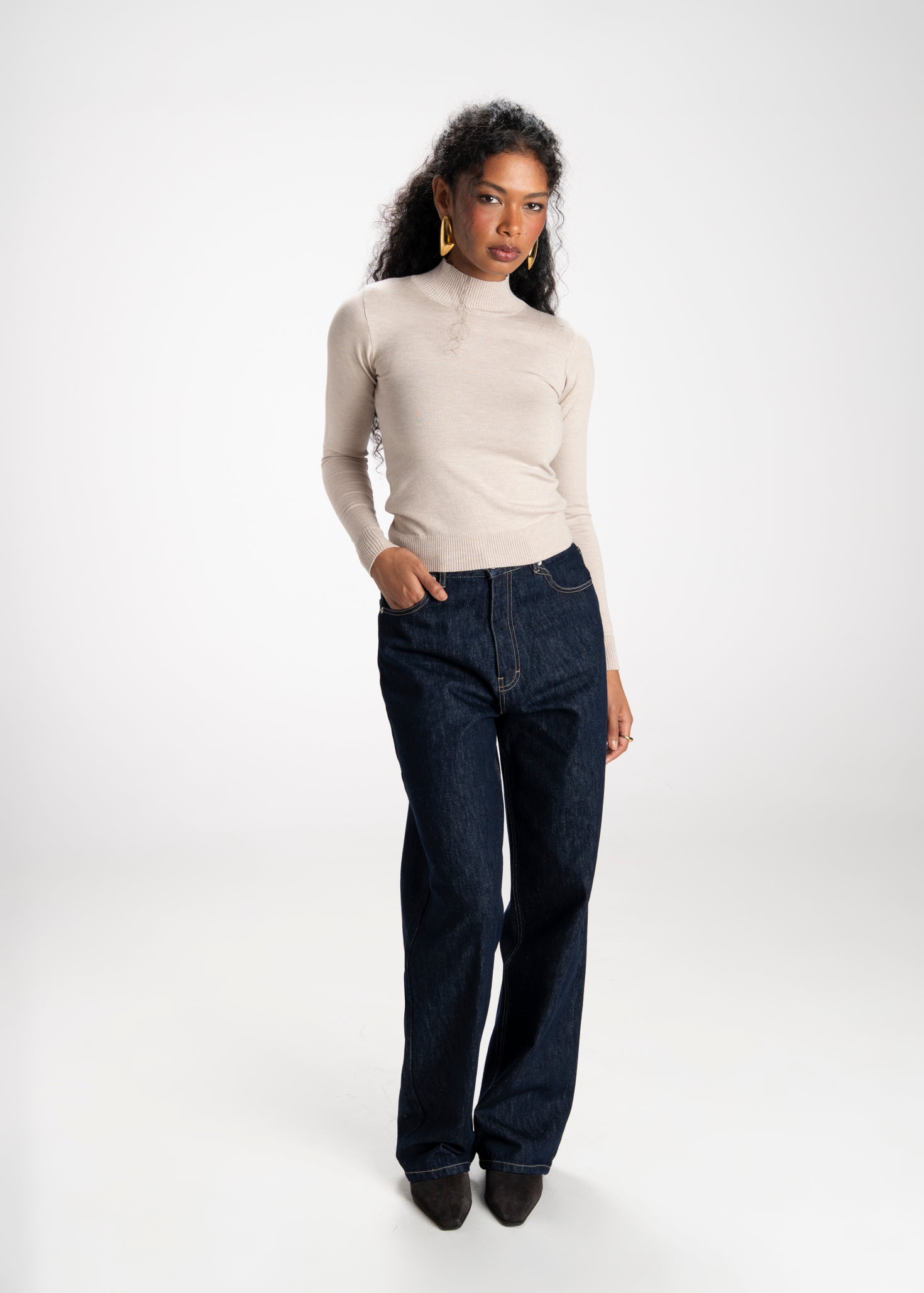 2nd Skin Knitted Mid-Neck Sweater - Beige