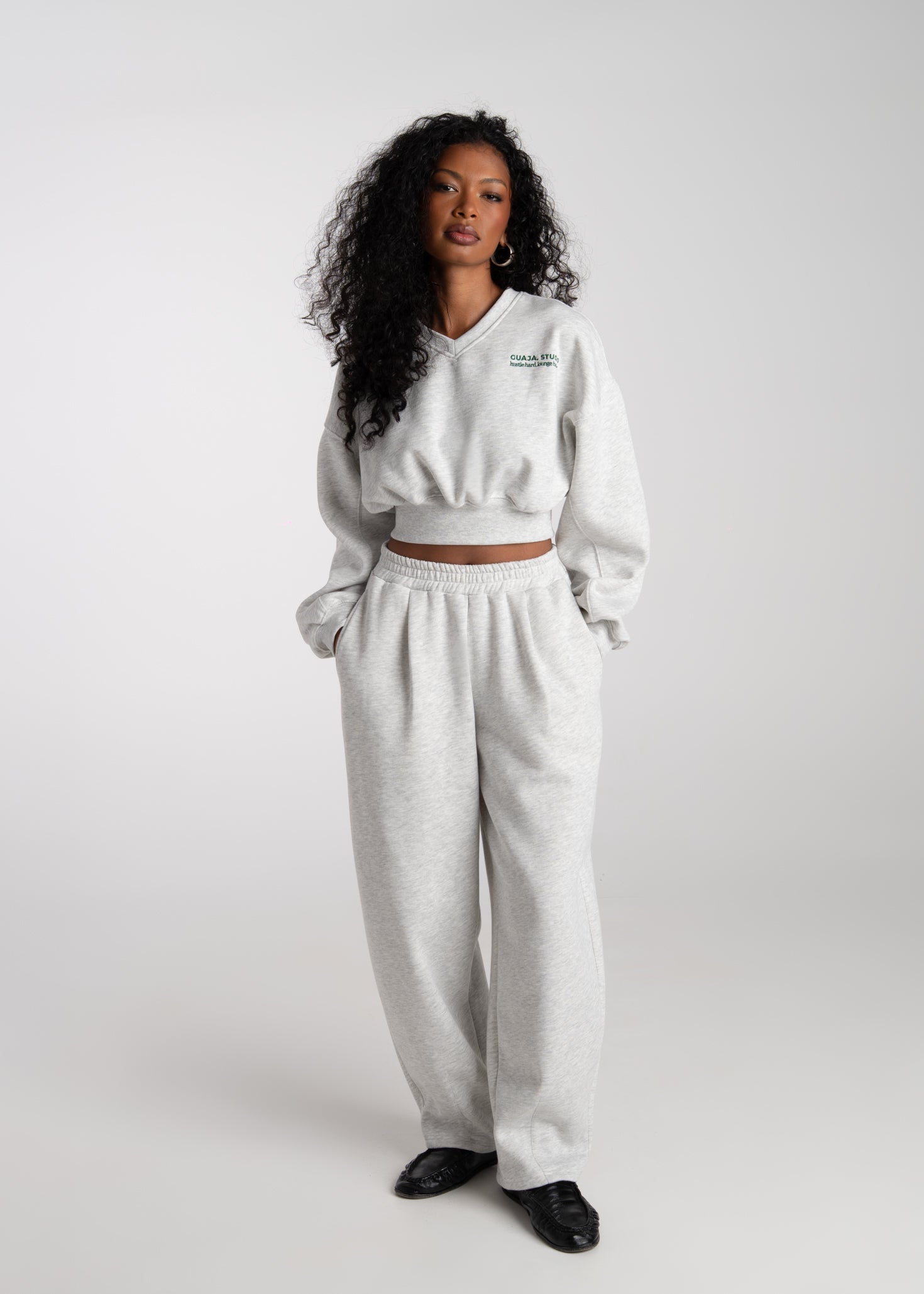 Comfort Fleece V-Neck Cropped Sweater - Grey