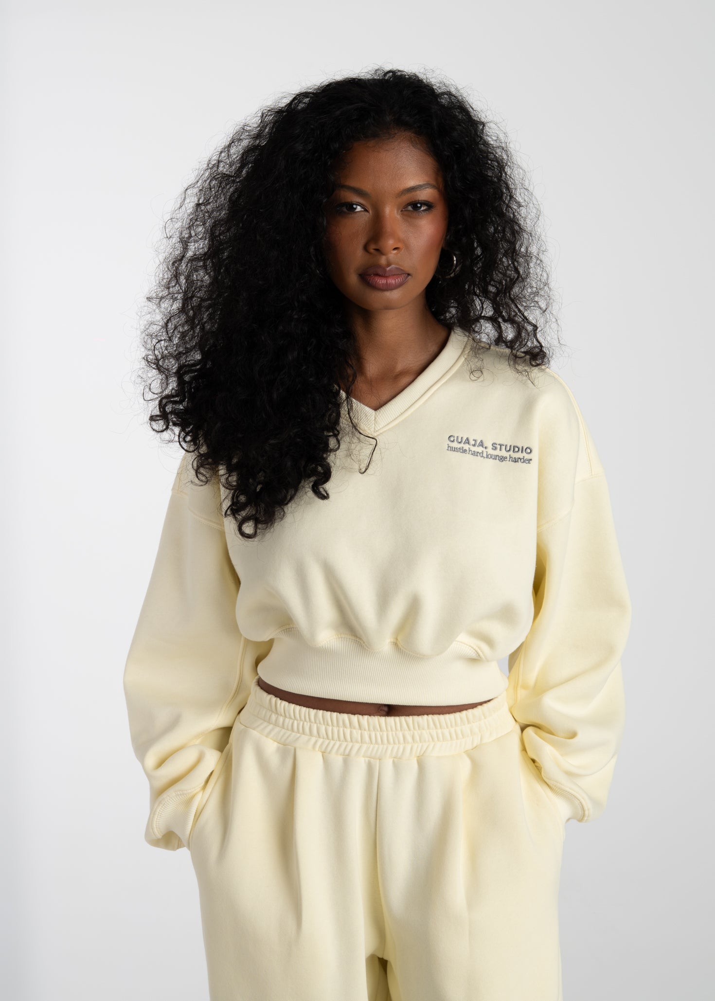Comfort Fleece V-Neck Cropped Sweater - Baby Yellow