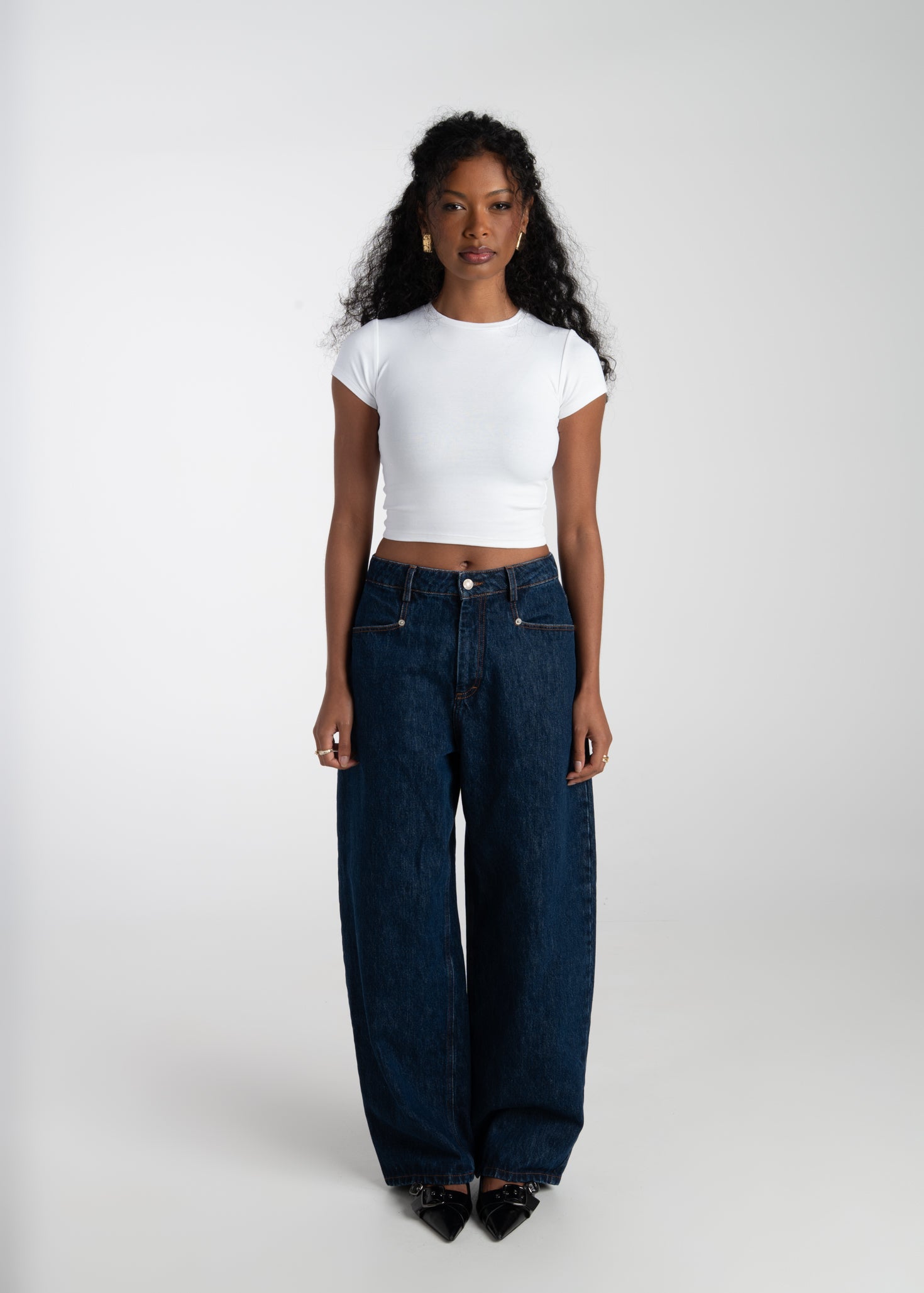 Ava Mid-Waist Barrel Jeans - Dark Blue