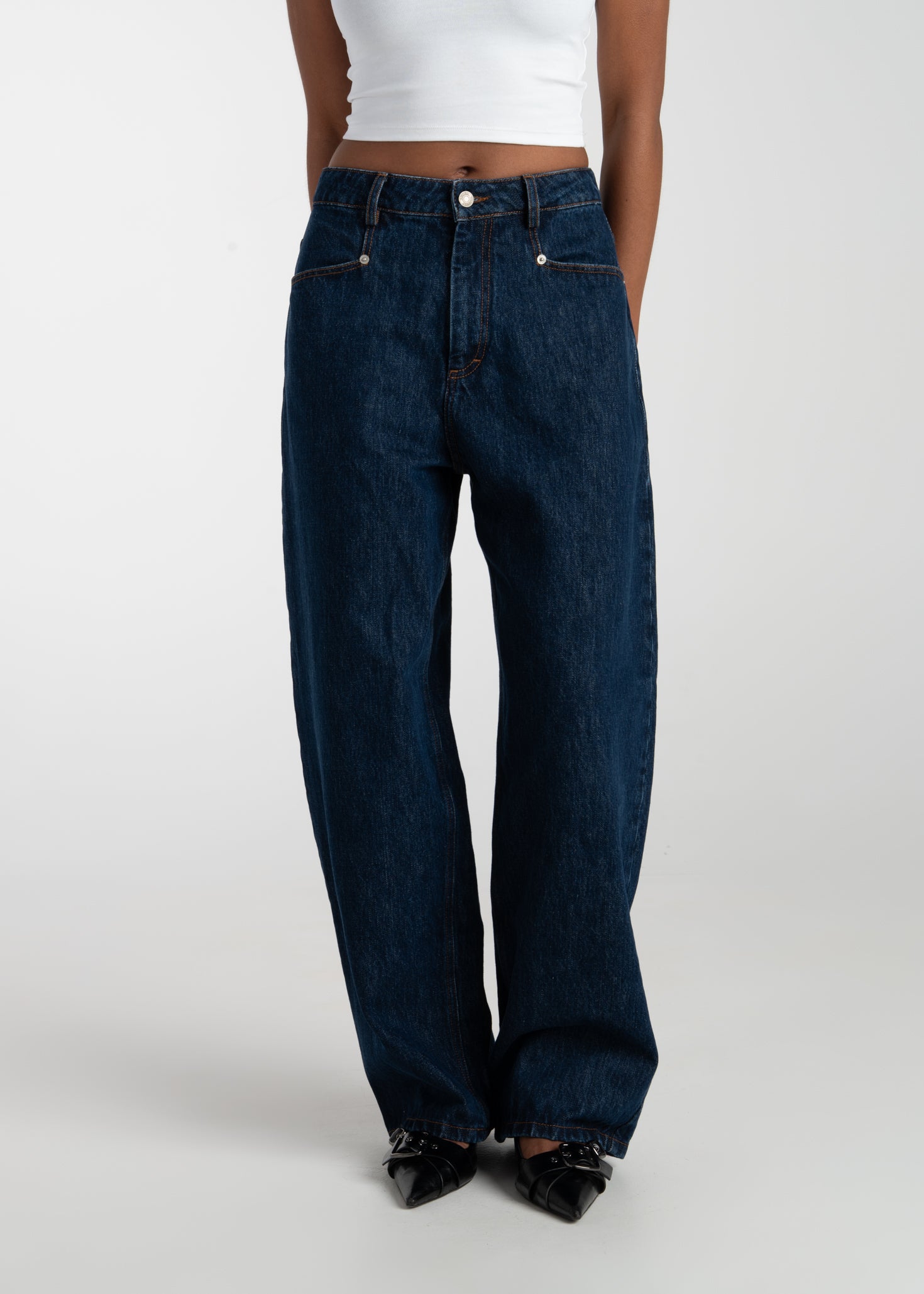 Ava Mid-Waist Barrel Jeans - Dark Blue