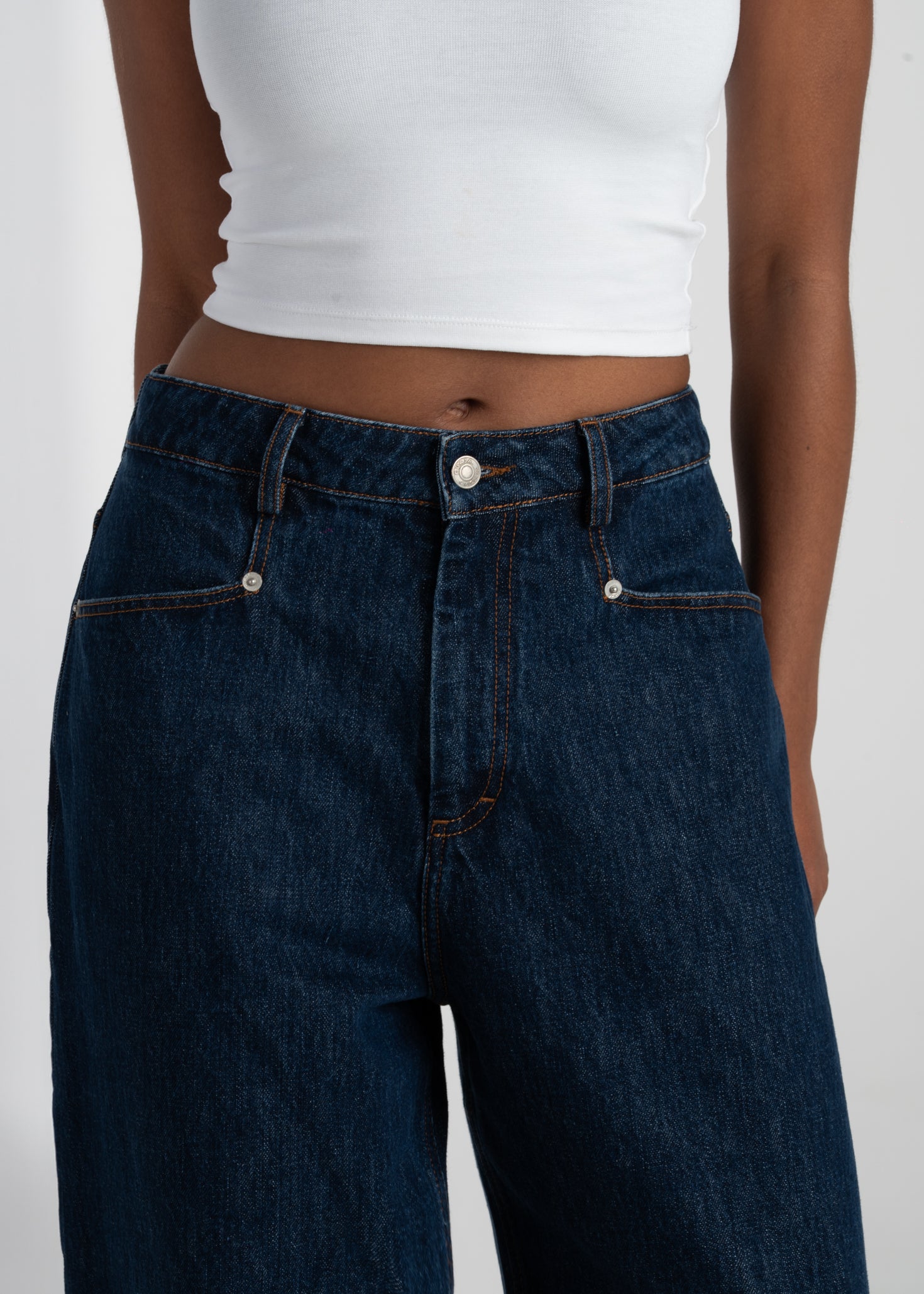 Ava Mid-Waist Barrel Jeans - Dark Blue
