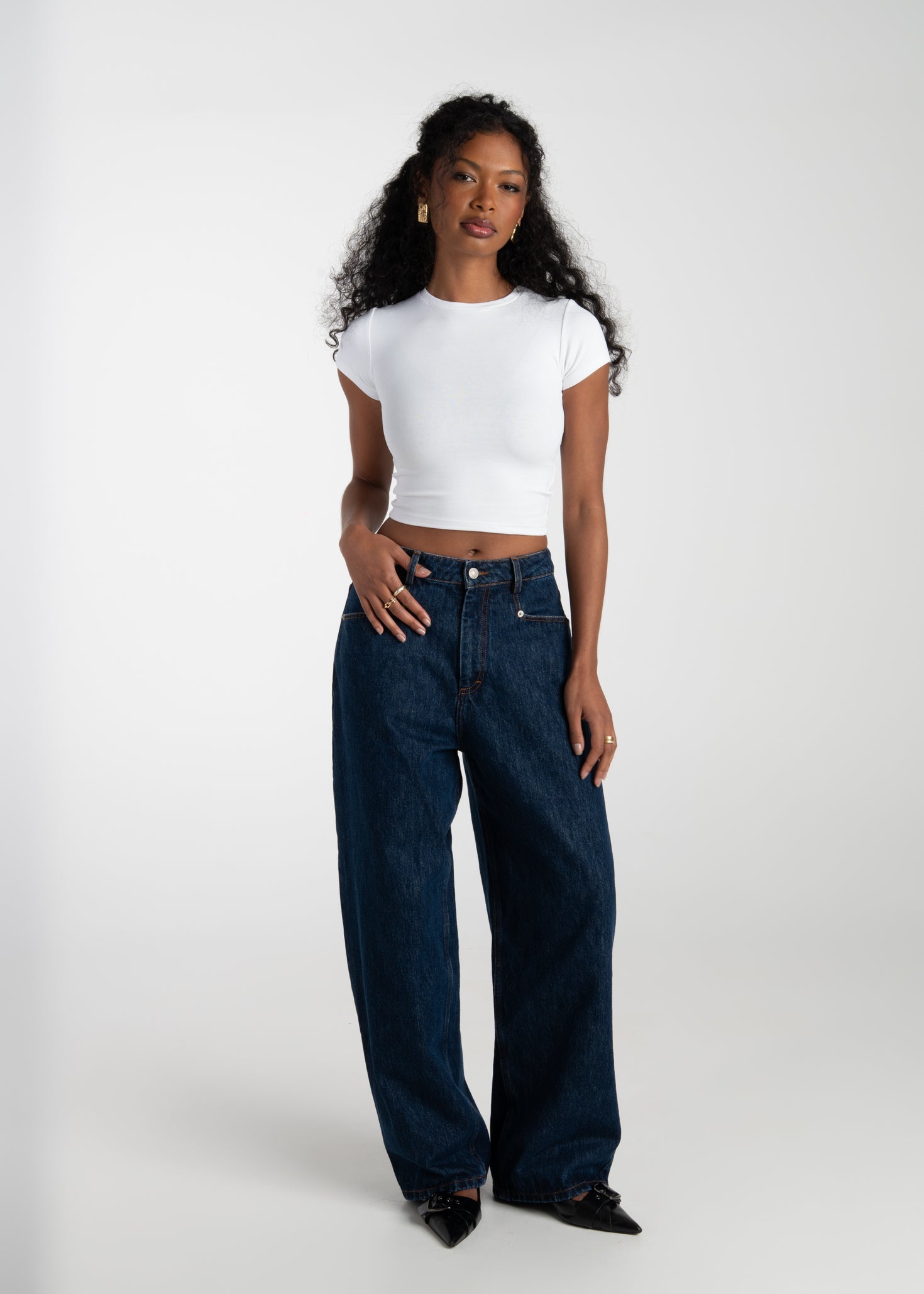 Ava Mid-Waist Barrel Jeans - Dark Blue