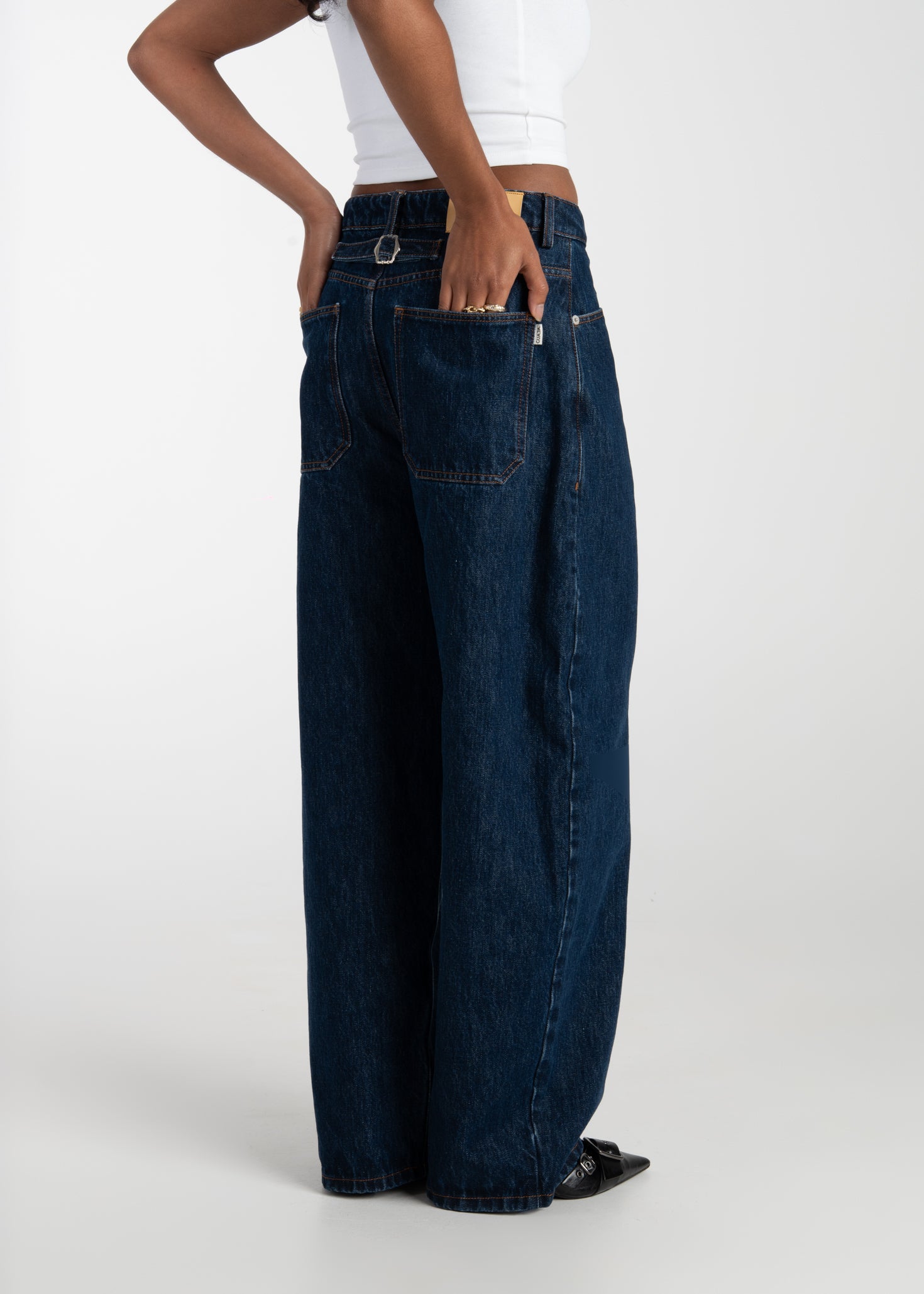Ava Mid-Waist Barrel Jeans - Dark Blue