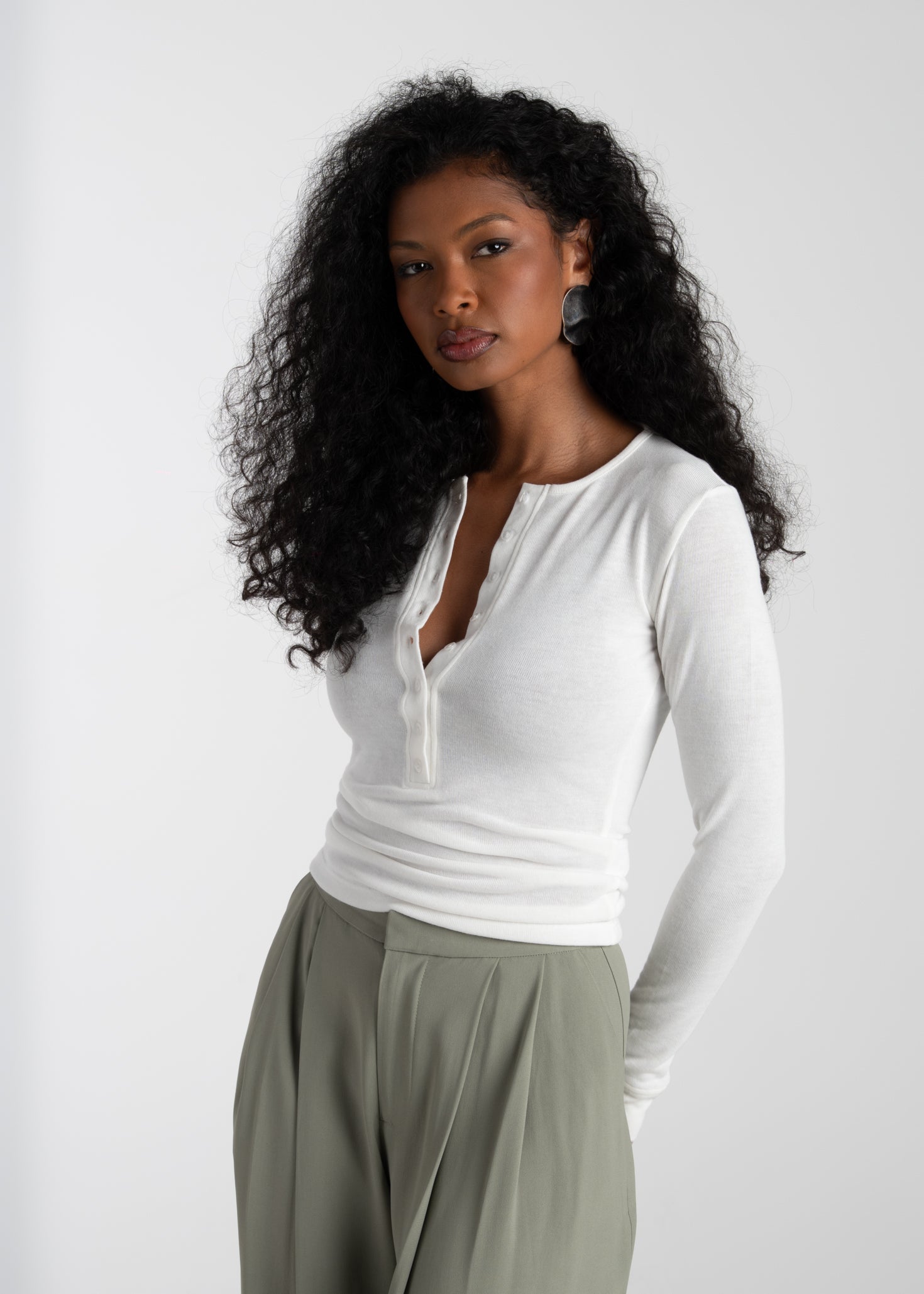 Reese Henley Long Sleeve Top - White