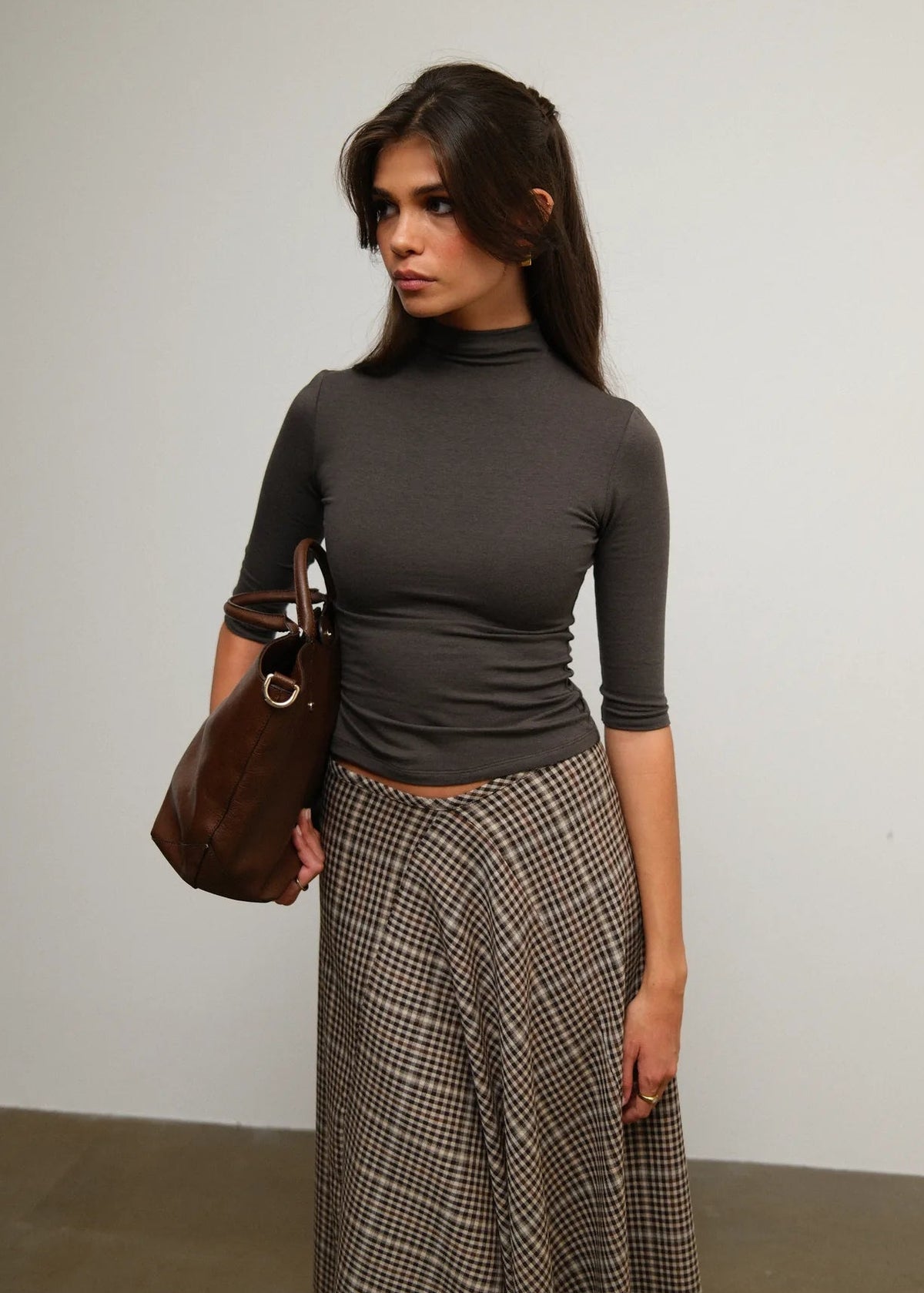 Cora 3/4 Sleeve Mock Neck Top - Taupe