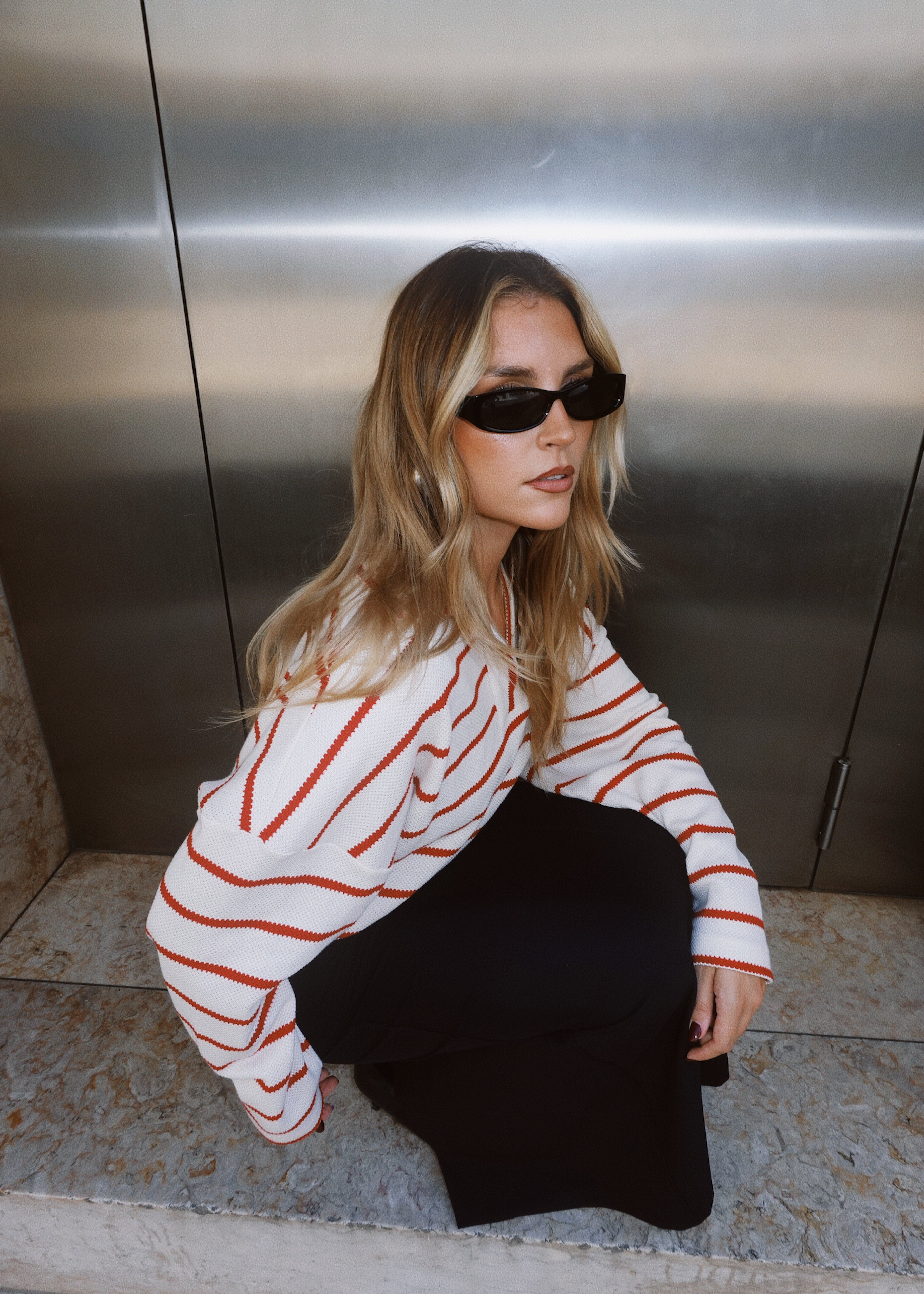 Mable Striped Polo Sweater - Cream & Red