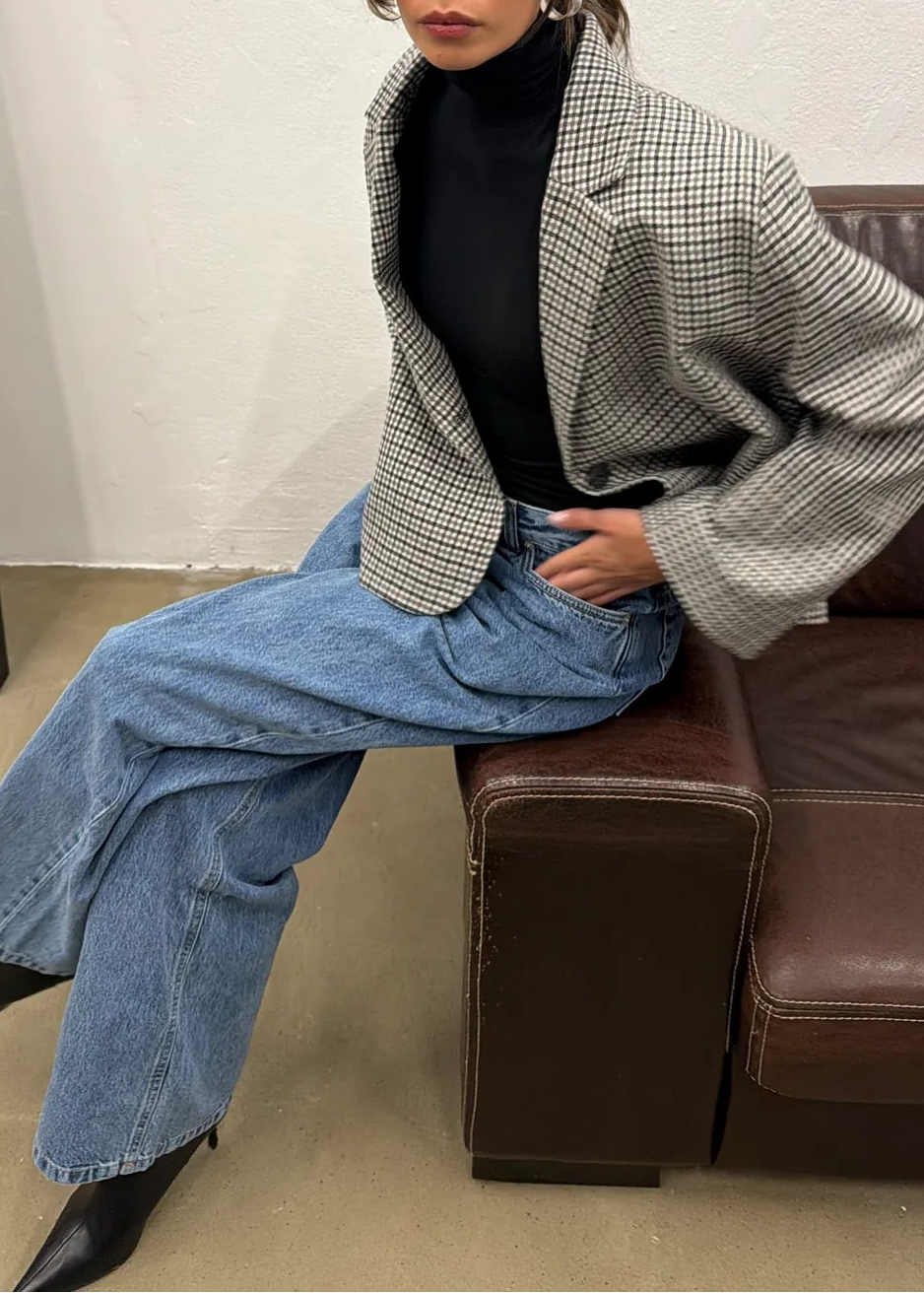 Yoko Cropped Check Wool Blazer