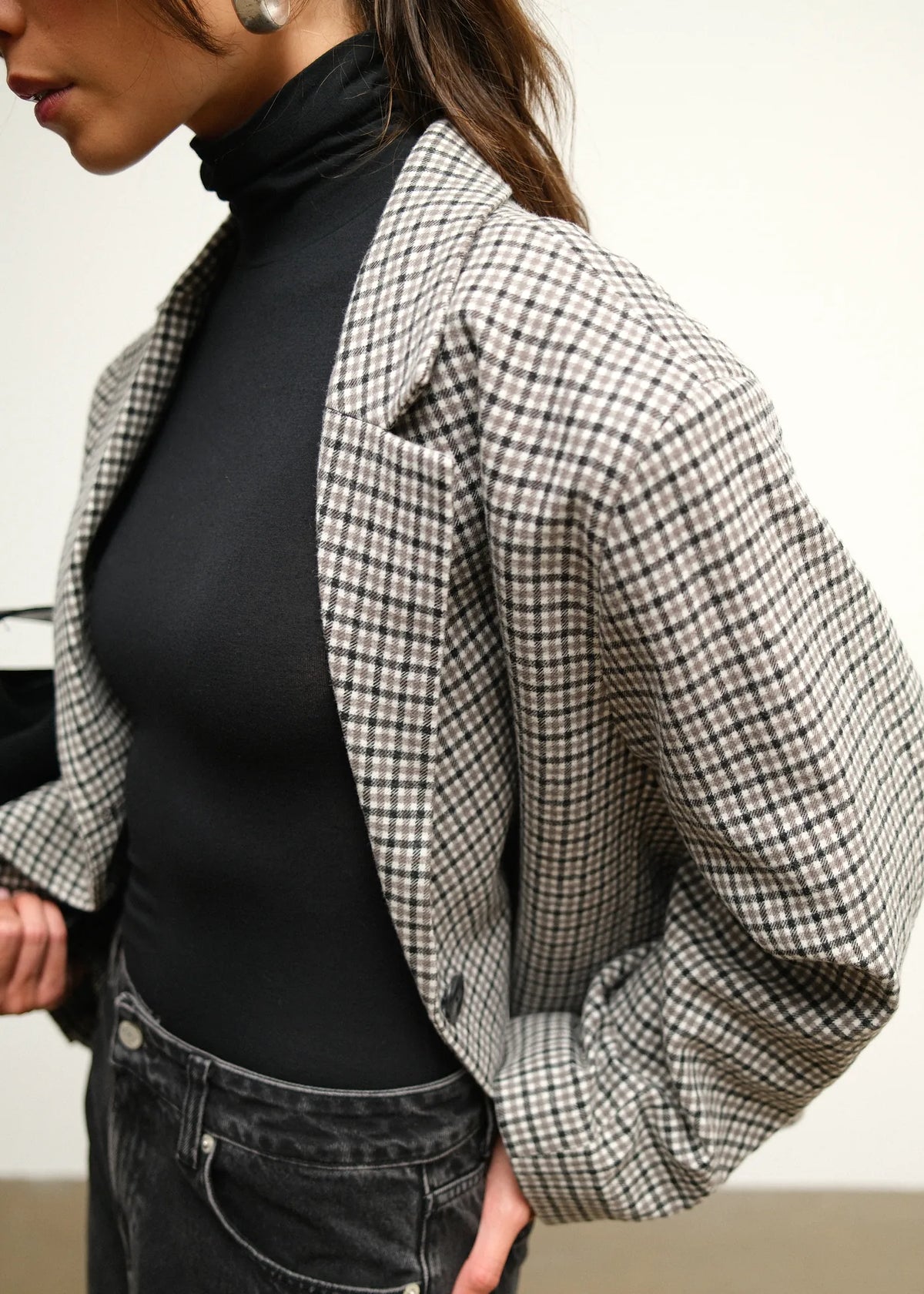 Yoko Cropped Check Wool Blazer