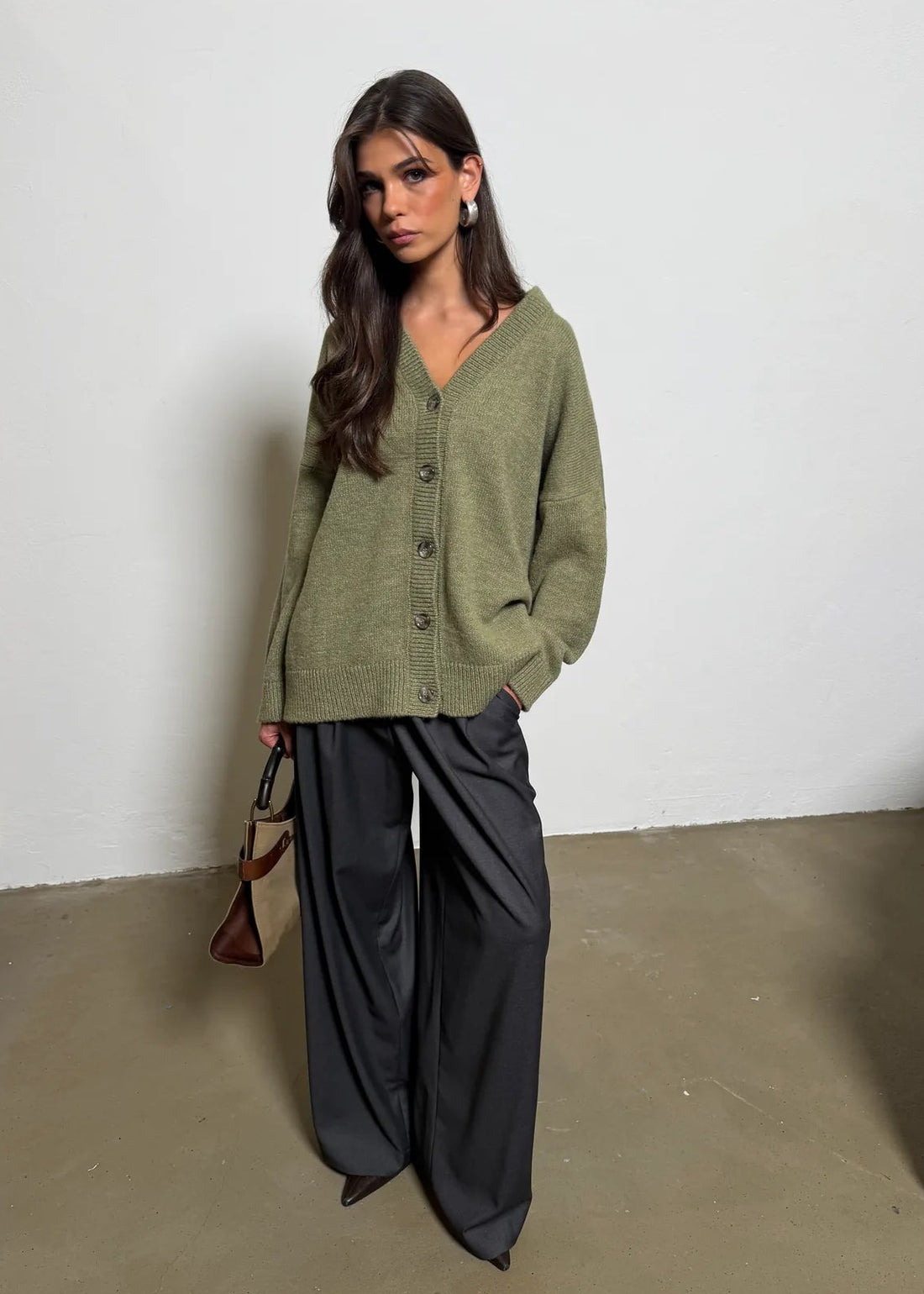 Milo Oversized V-Neck Cardigan – Sage Green