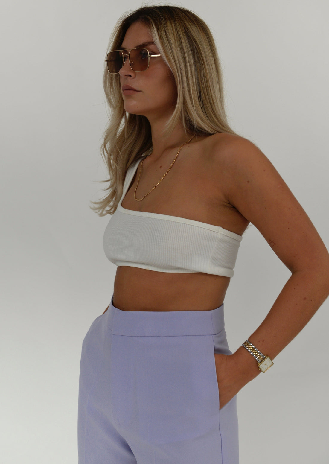 One shoulder ribbed Top - White